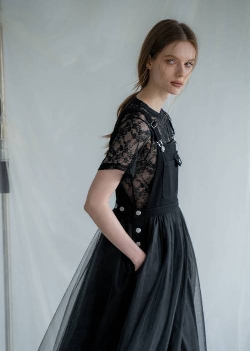tulle tiered mixed material suspenders OP