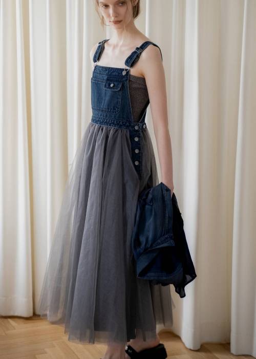 tulle tiered mixed material suspenders OP