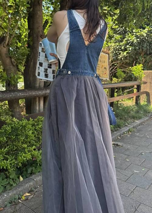 tulle tiered mixed material suspenders OP