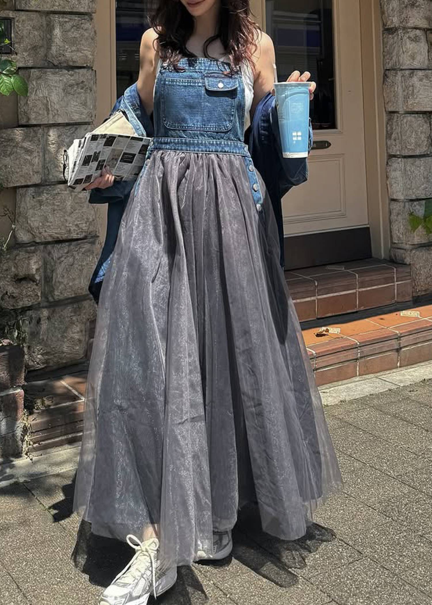 tulle tiered mixed material suspenders OP