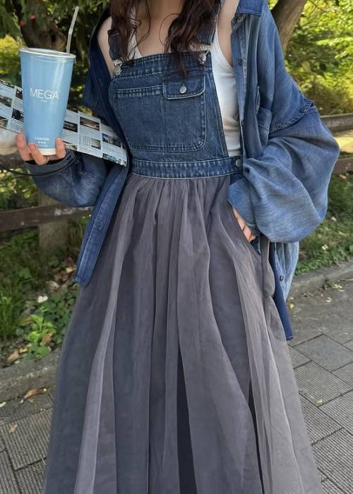 tulle tiered mixed material suspenders OP