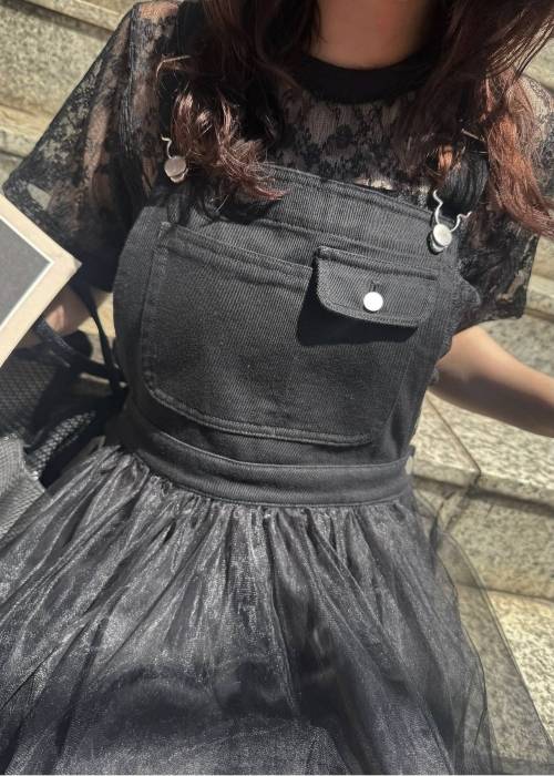 tulle tiered mixed material suspenders OP