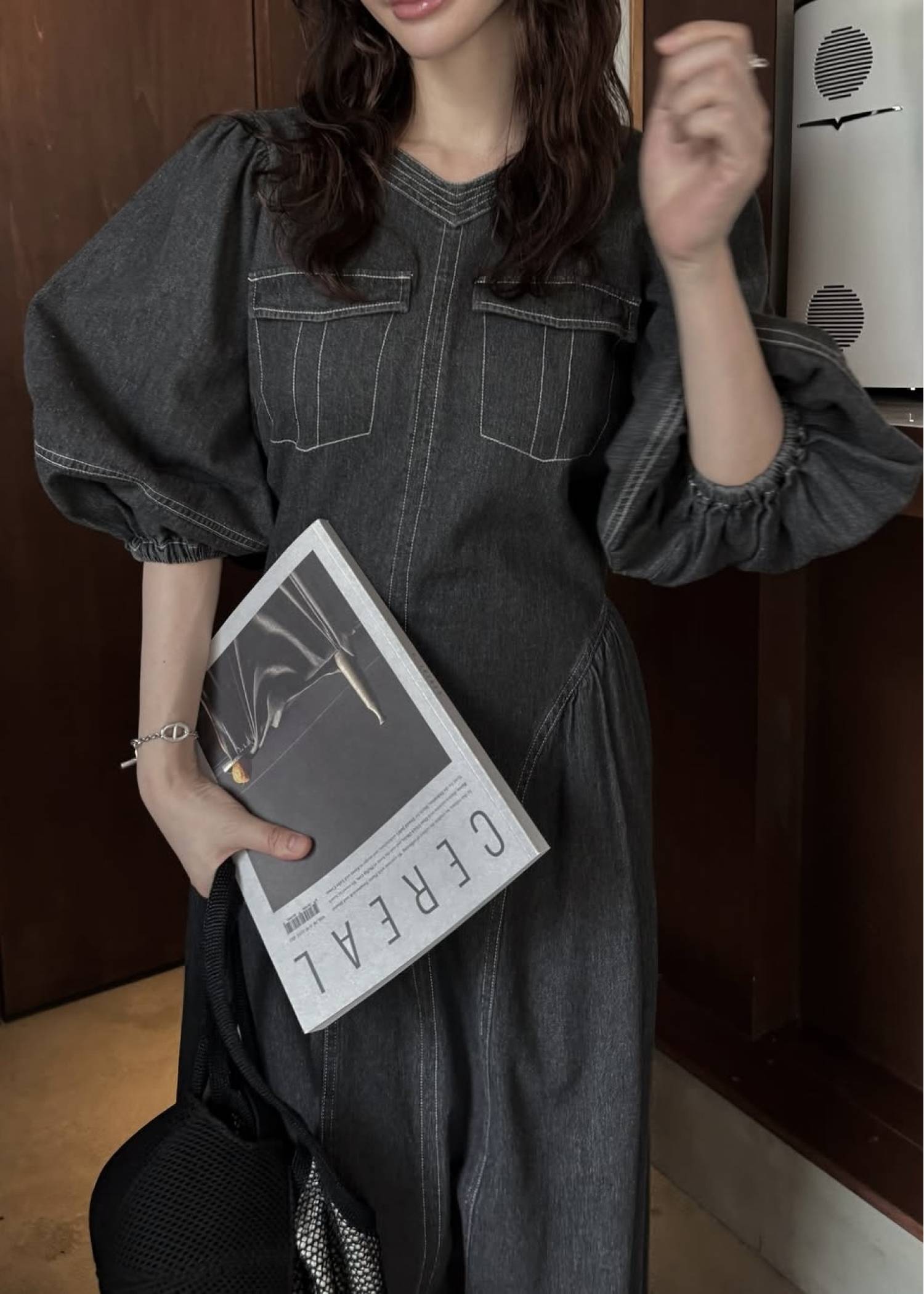 back open switching bicolor stitch denim OP