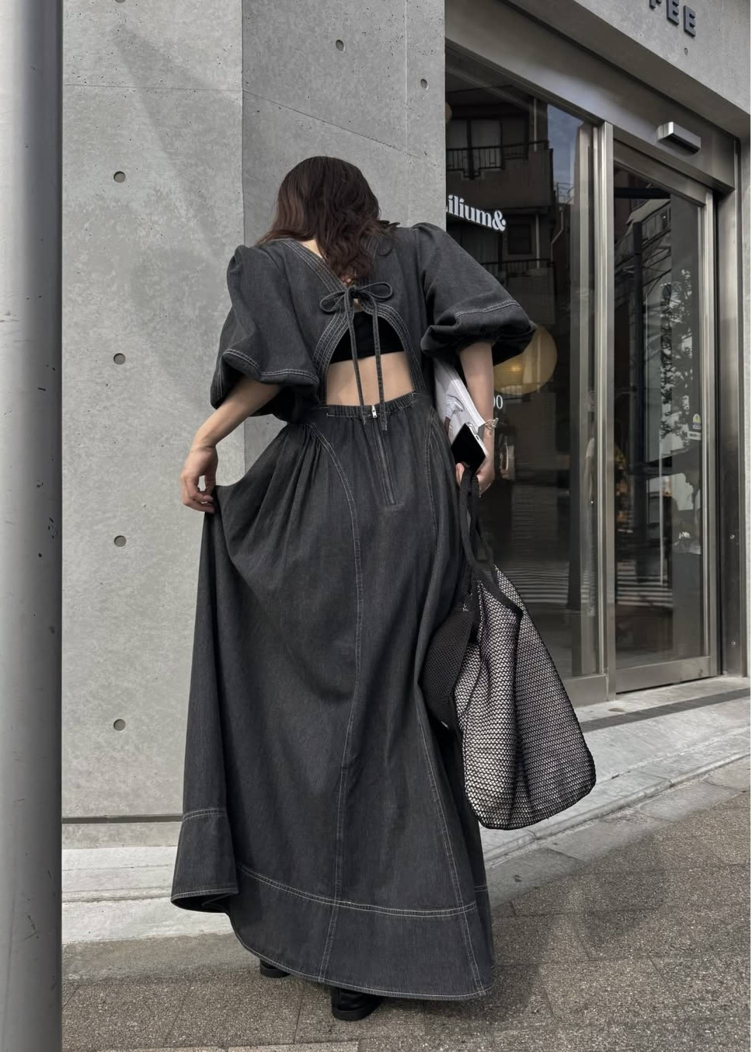 back open switching bicolor stitch denim OP