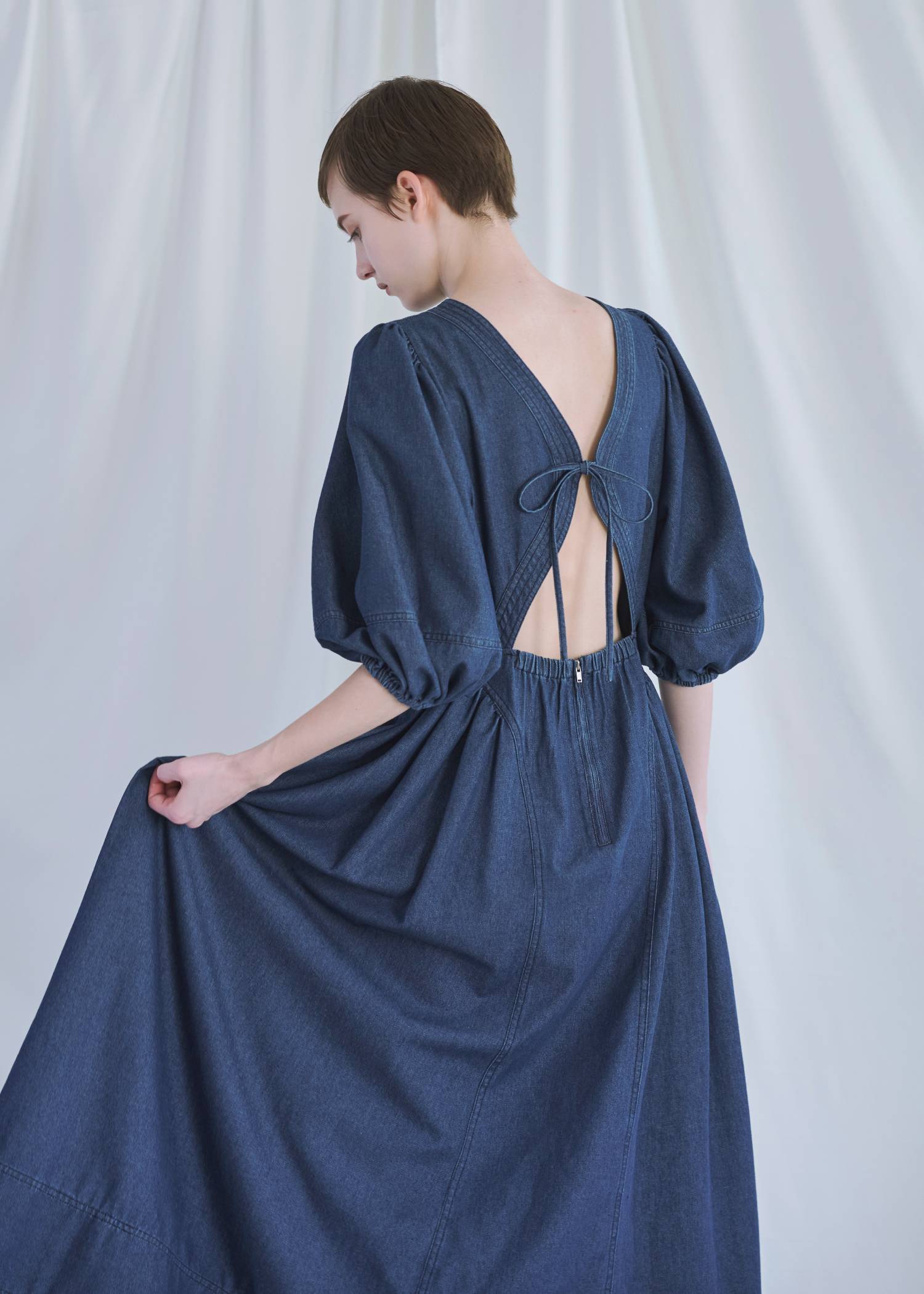 back open switching bicolor stitch denim OP
