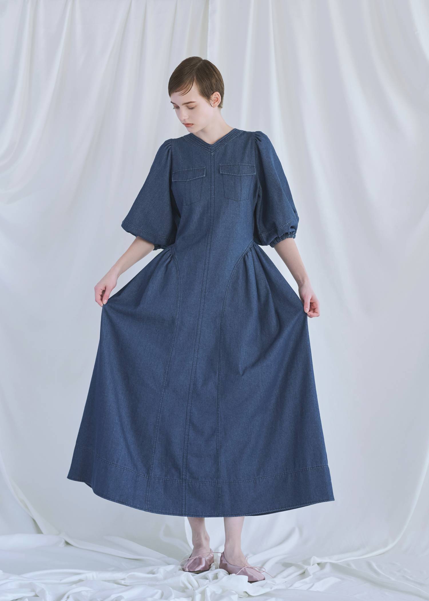 back open switching bicolor stitch denim OP
