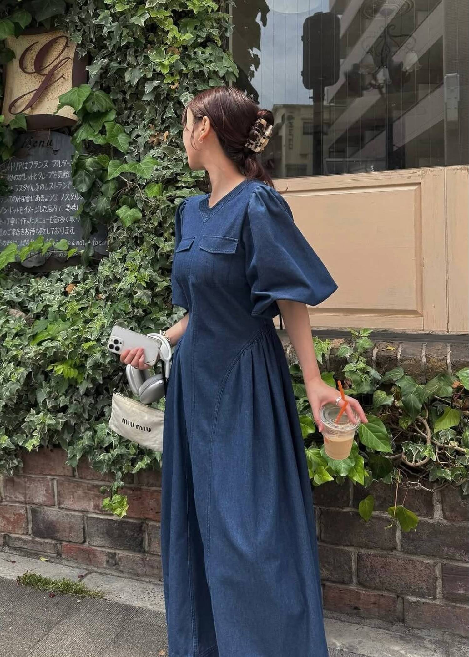 back open switching bicolor stitch denim OP