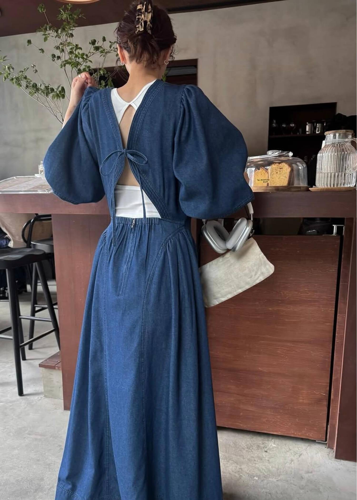 back open switching bicolor stitch denim OP