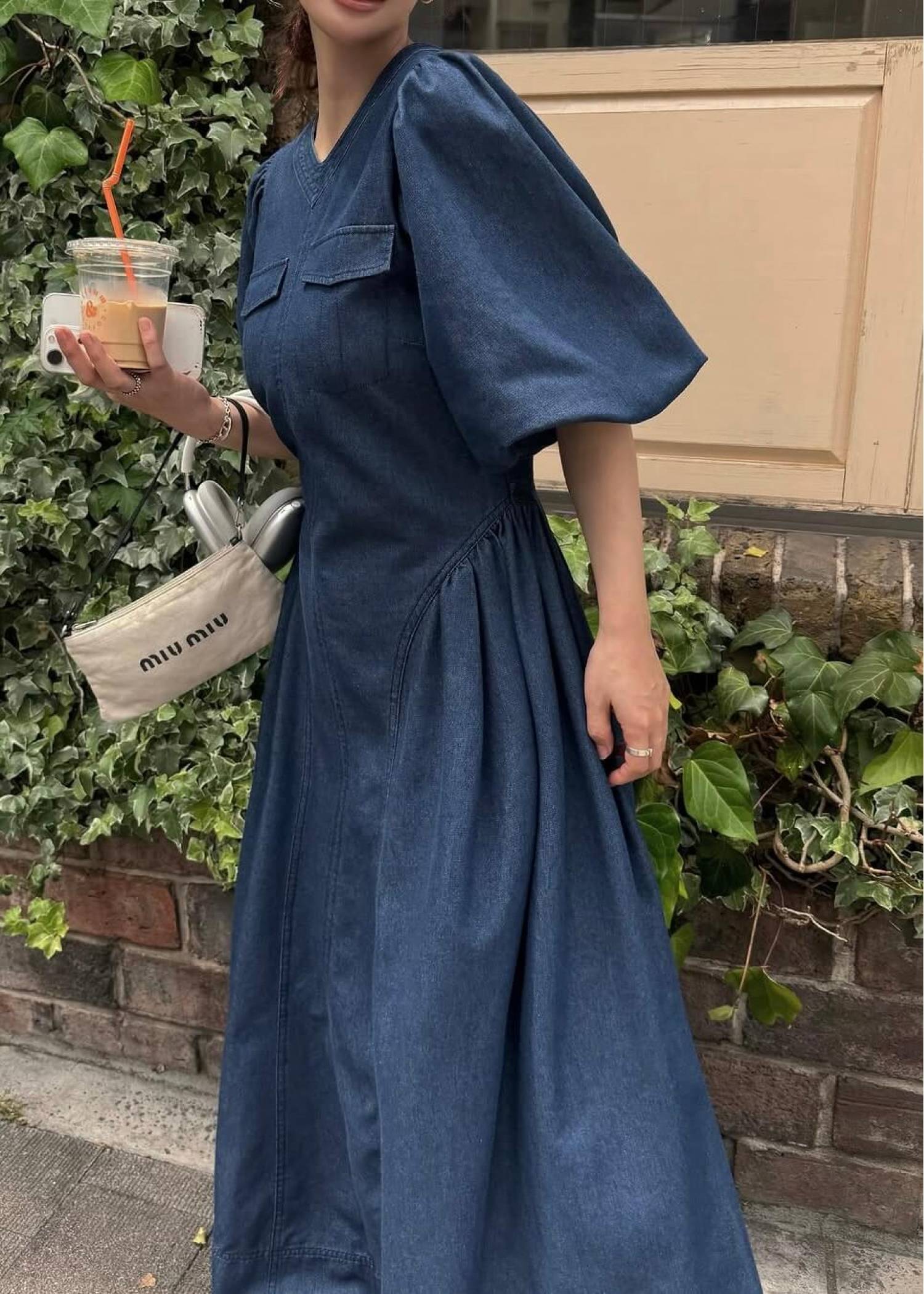 back open switching bicolor stitch denim OP