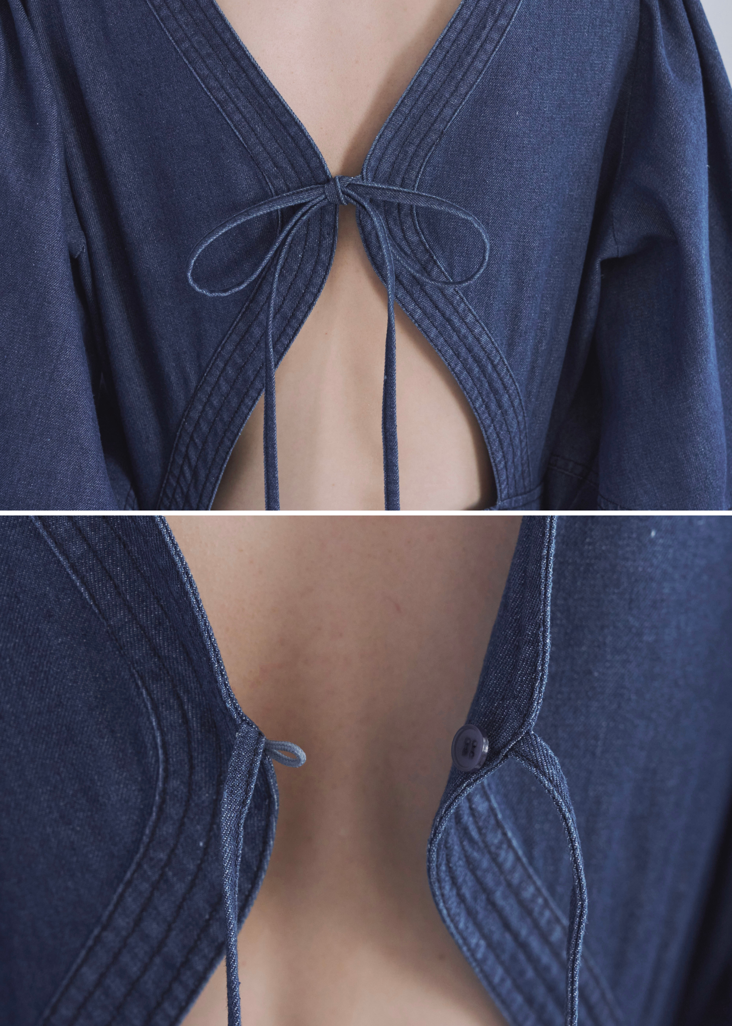 back open switching bicolor stitch denim OP