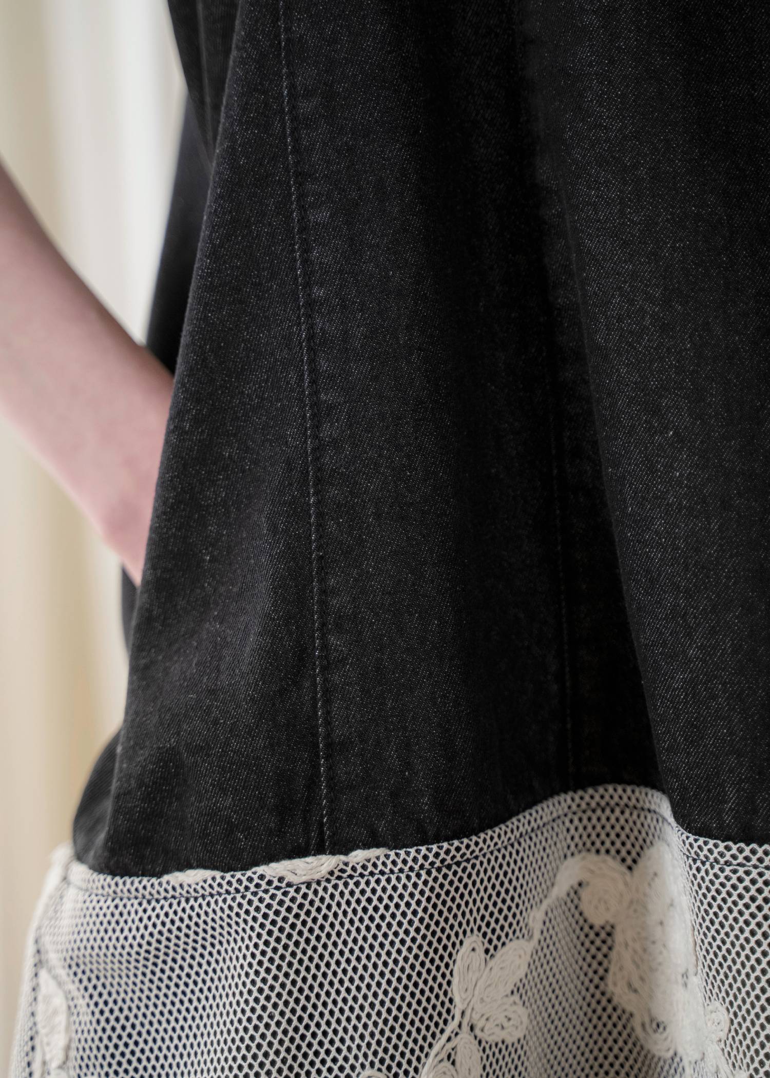 denim panel a line lace hem no sleeve OP