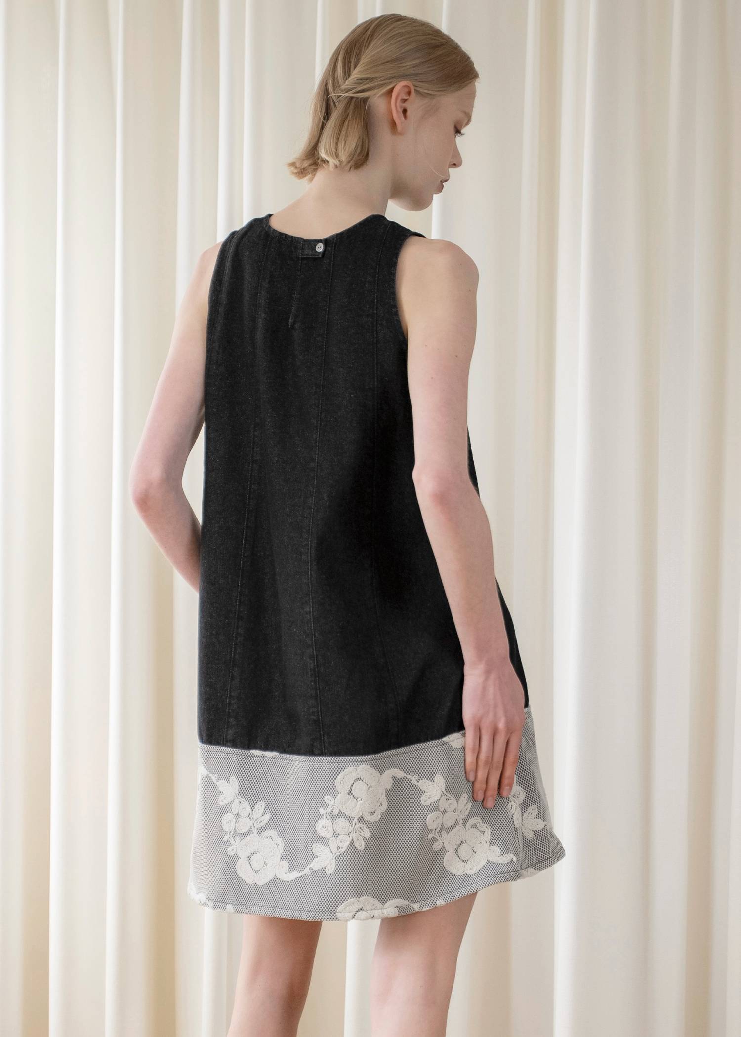denim panel a line lace hem no sleeve OP