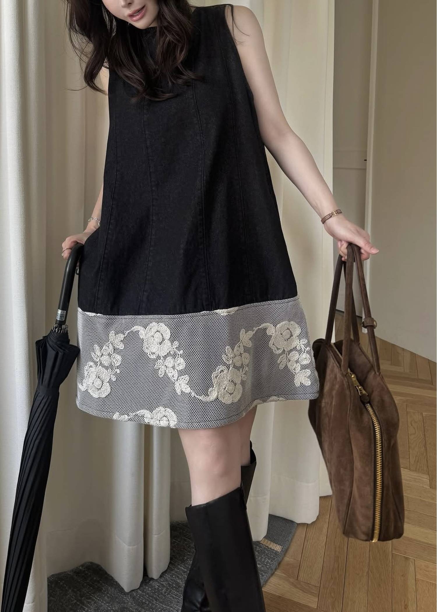 denim panel a line lace hem no sleeve OP