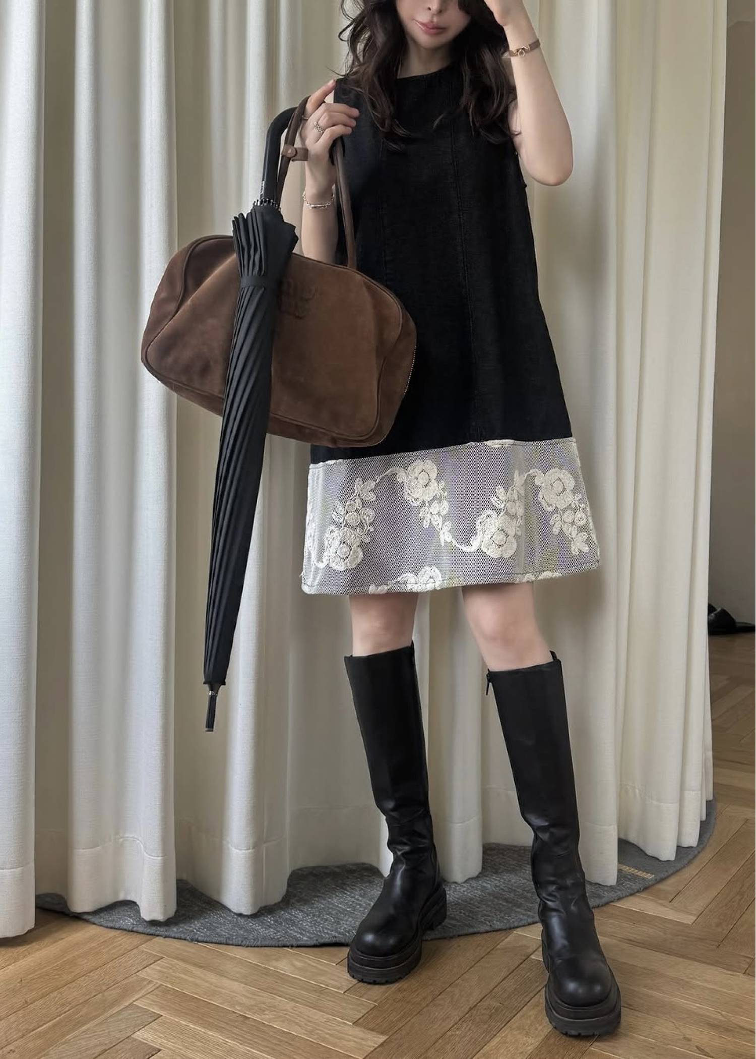 denim panel a line lace hem no sleeve OP