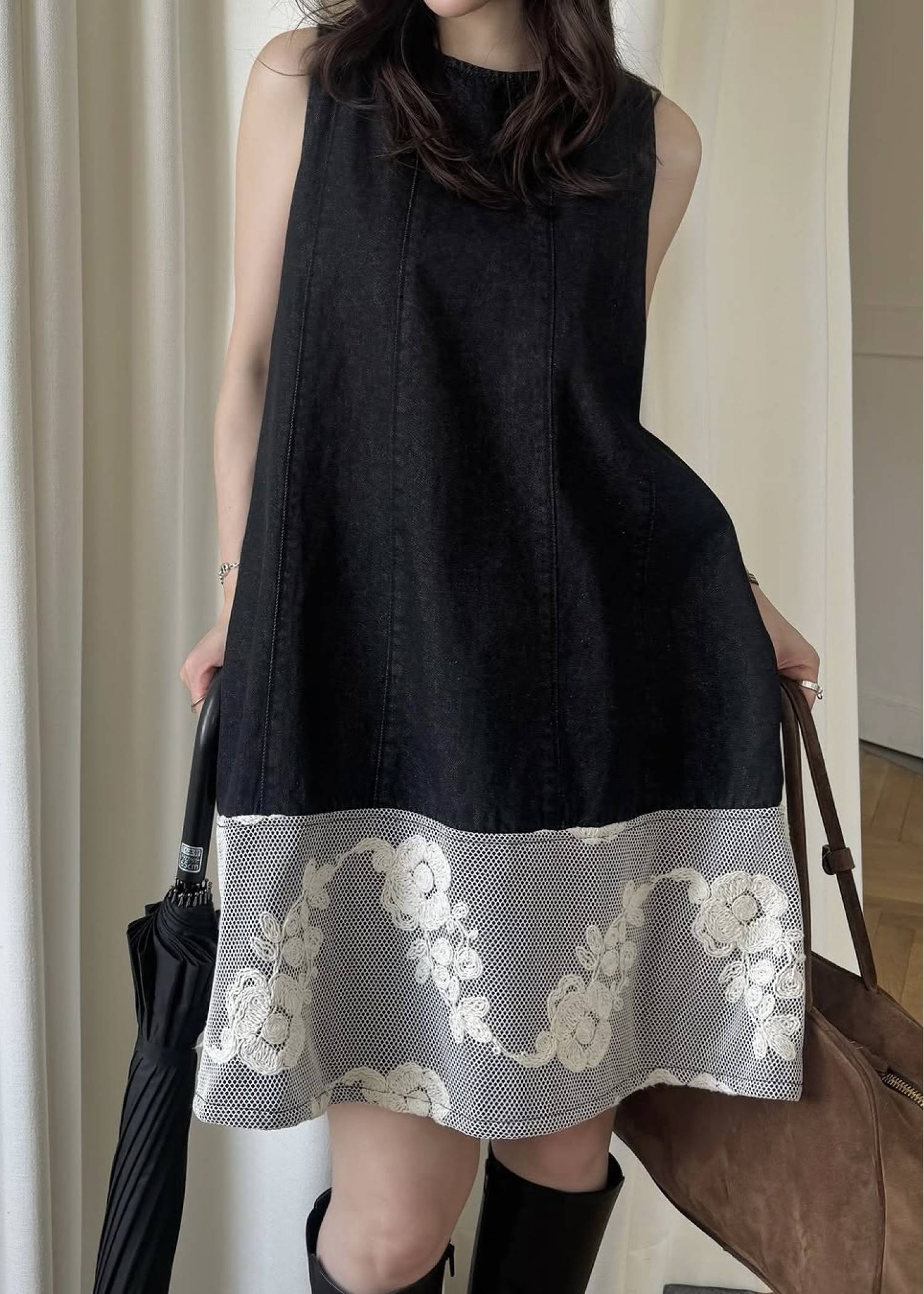 denim panel a line lace hem no sleeve OP