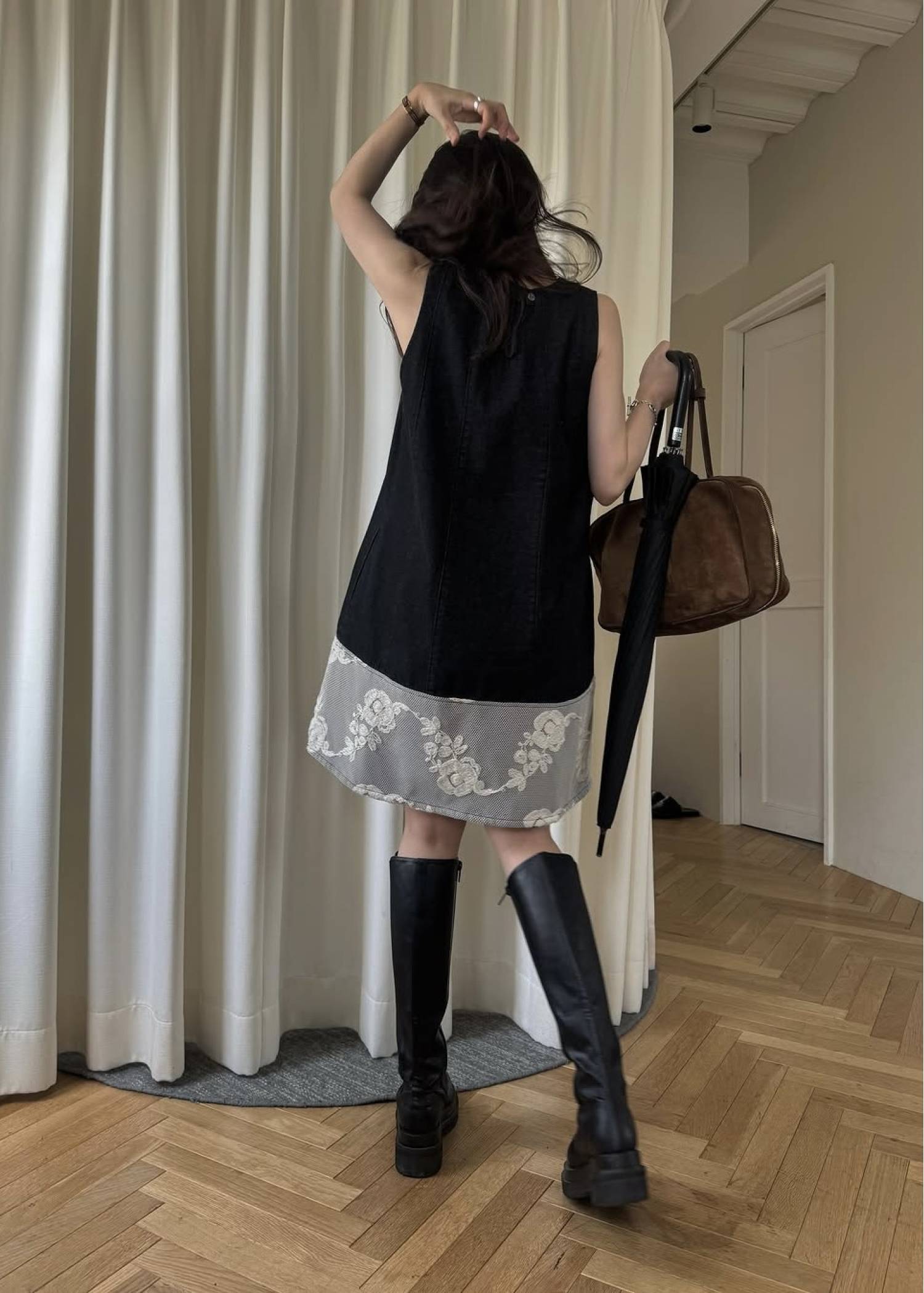 denim panel a line lace hem no sleeve OP