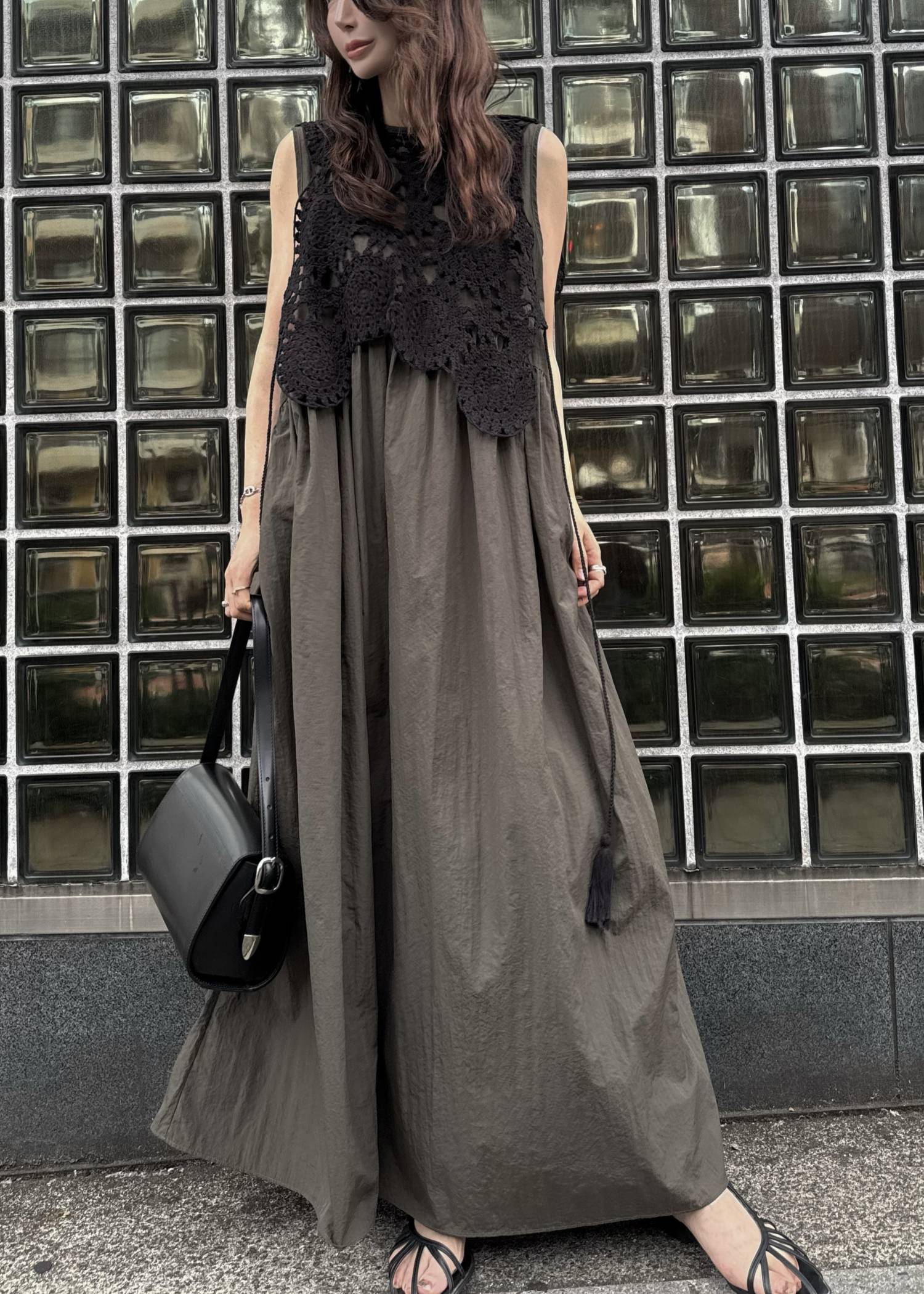 crochet knit layered nylon OP