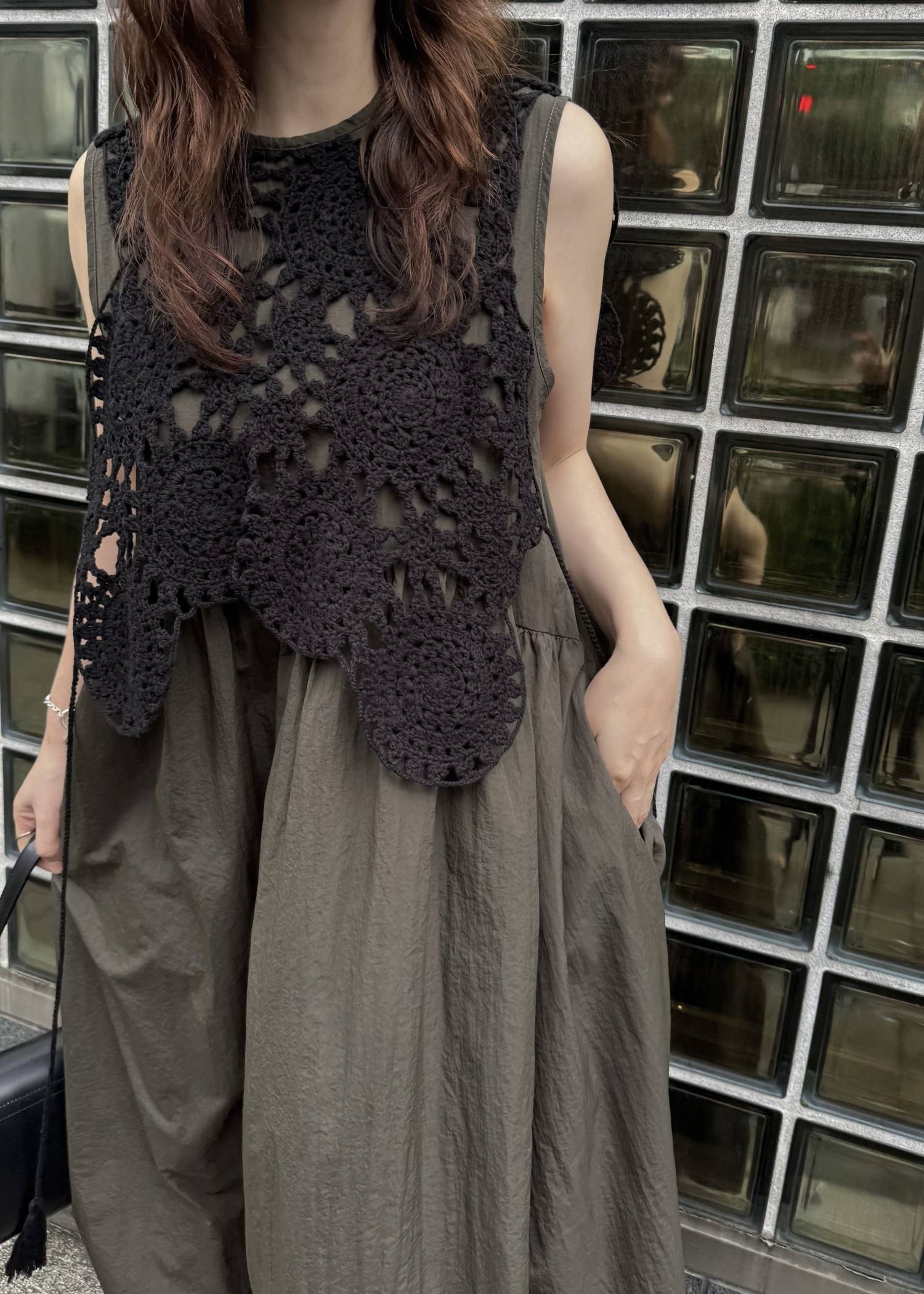 crochet knit layered nylon OP