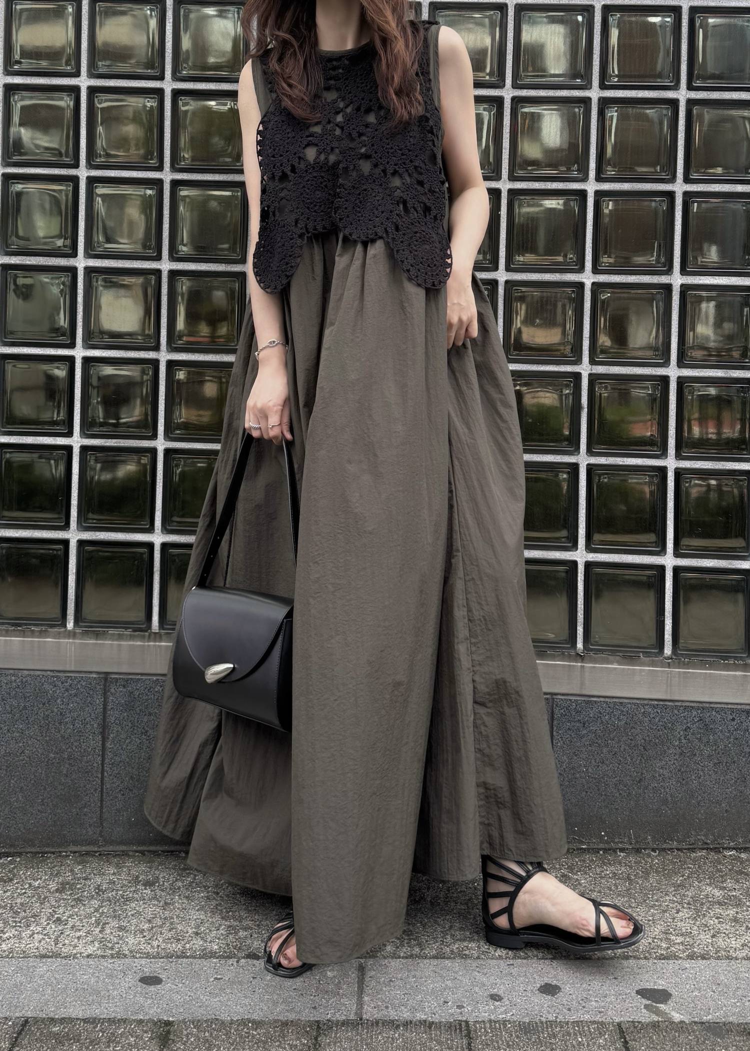 crochet knit layered nylon OP