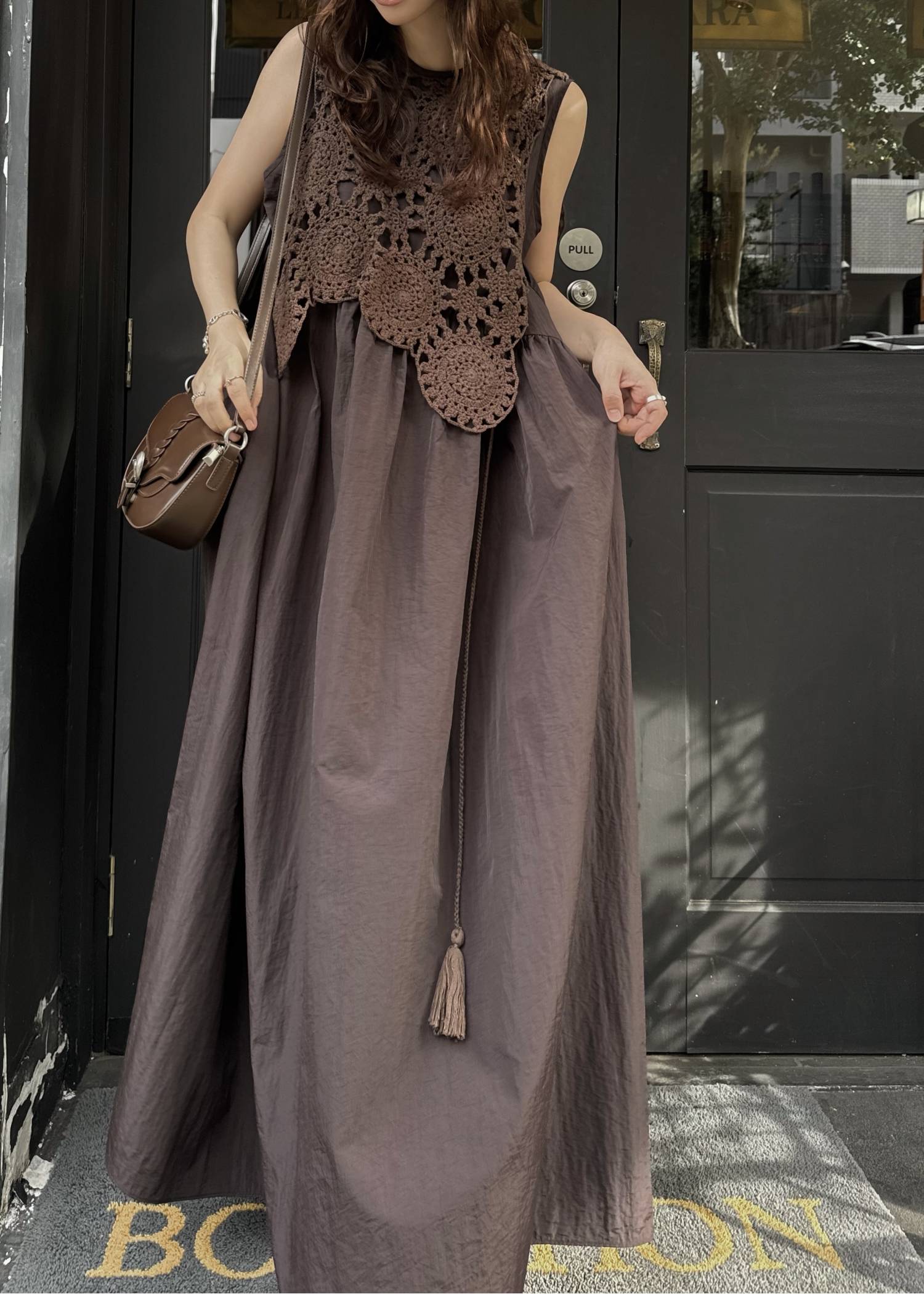 crochet knit layered nylon OP