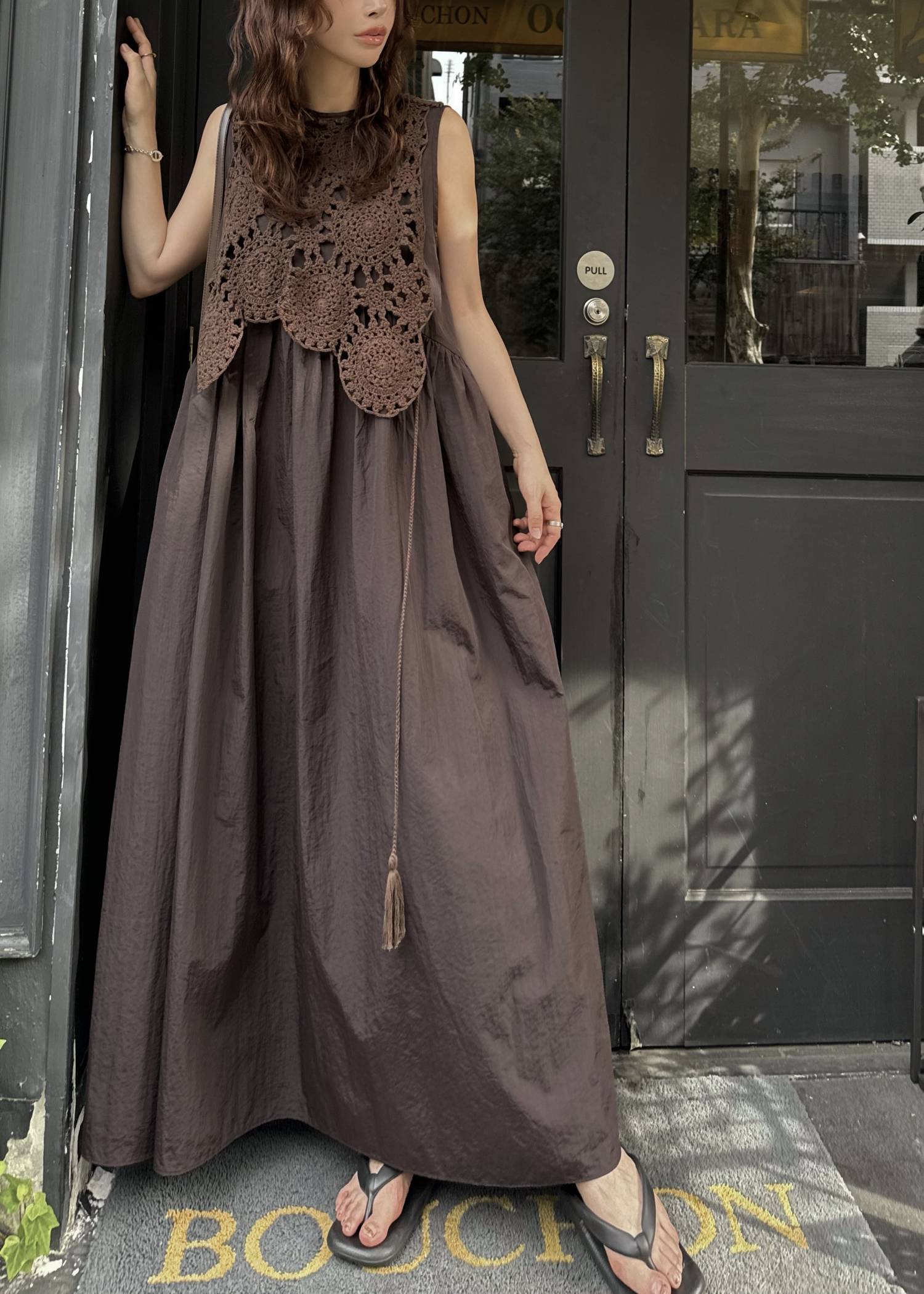crochet knit layered nylon OP