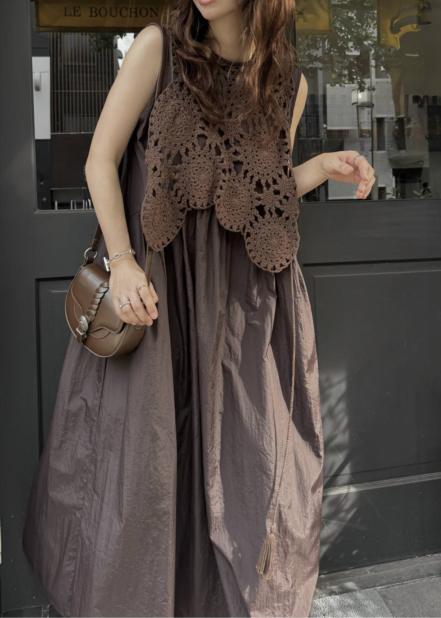 crochet knit layered nylon OP