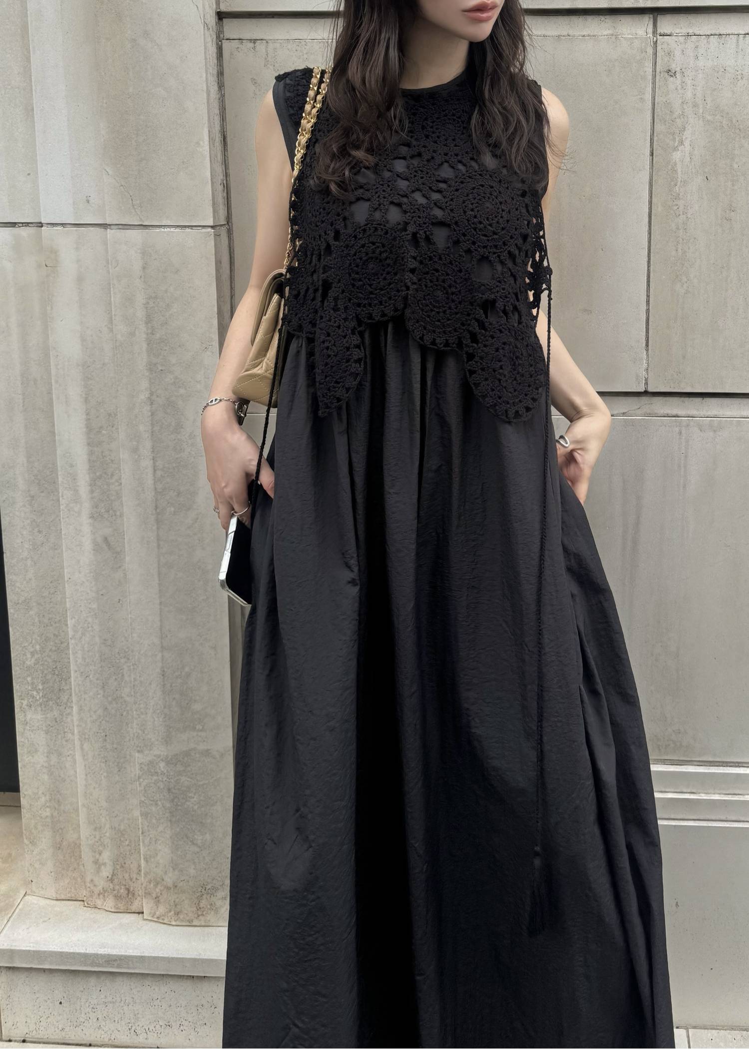 crochet knit layered nylon OP