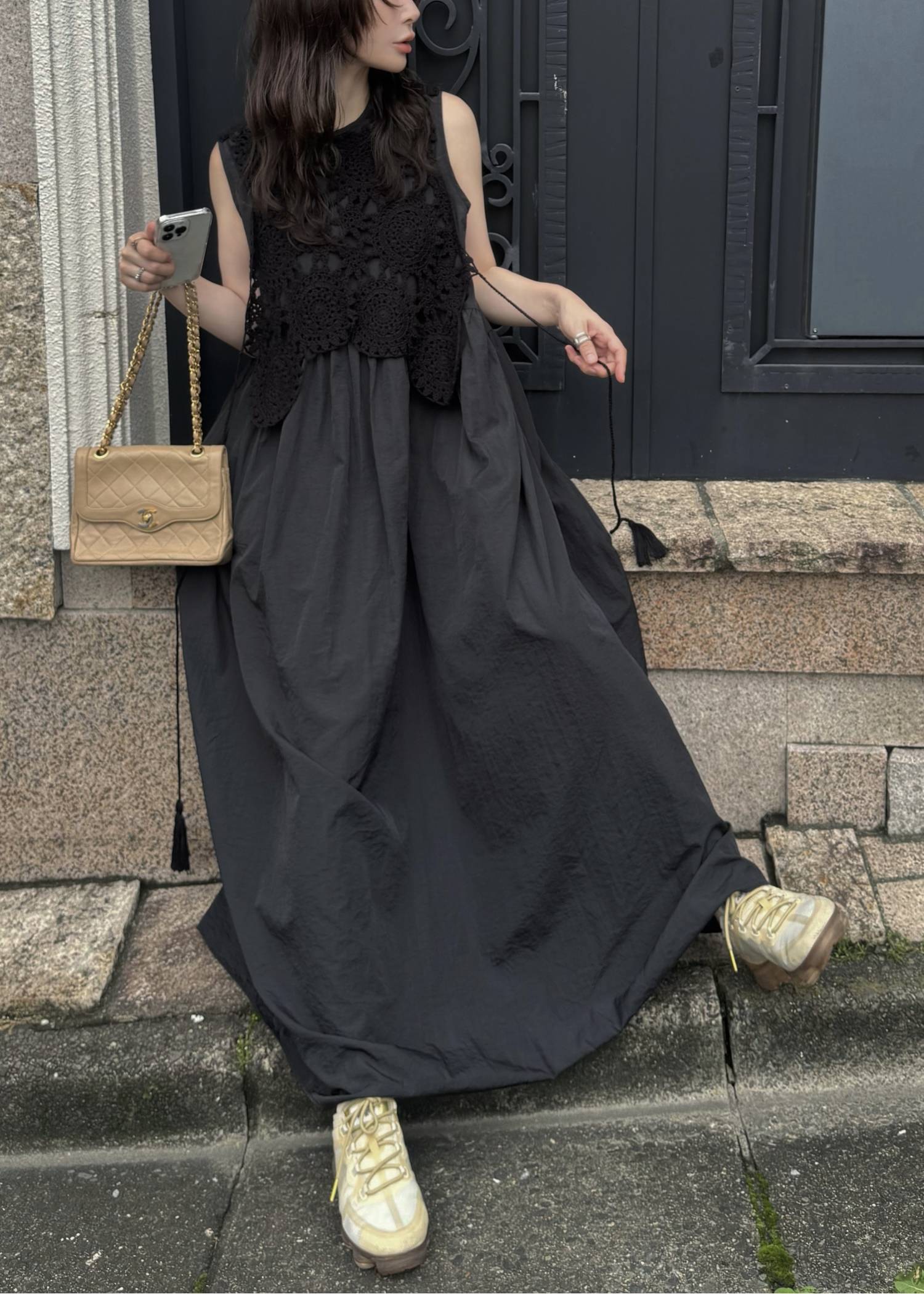 crochet knit layered nylon OP