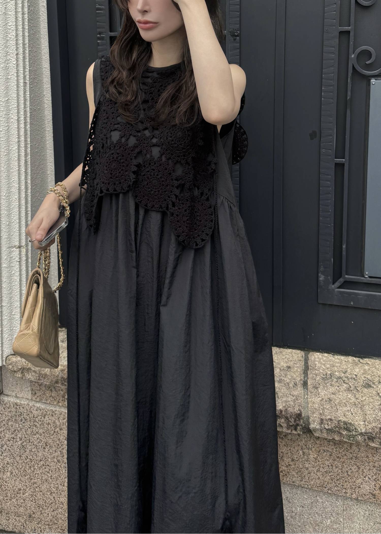 crochet knit layered nylon OP