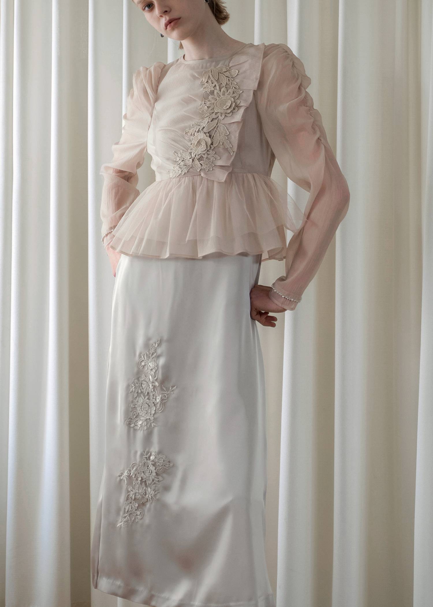 sheer peplum layered gather OP