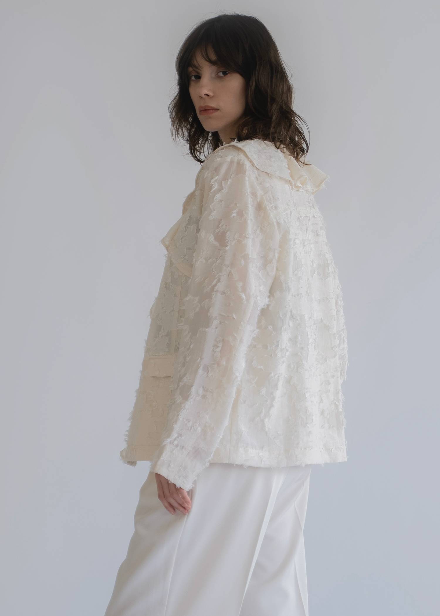 jacquard sheer ruffle frill shirt JK