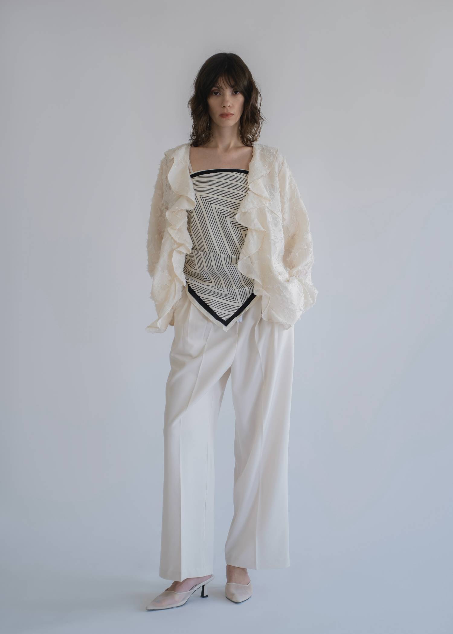 jacquard sheer ruffle frill shirt JK