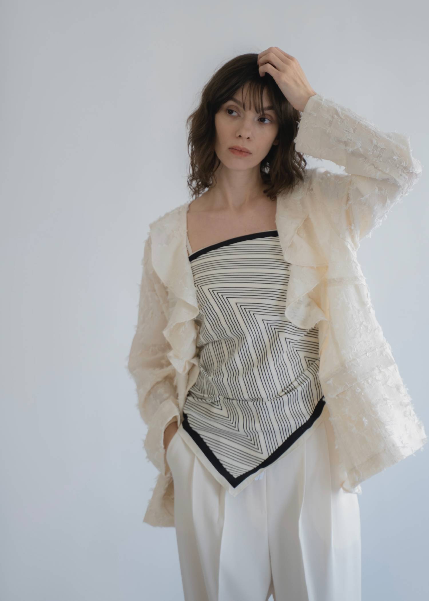 jacquard sheer ruffle frill shirt JK