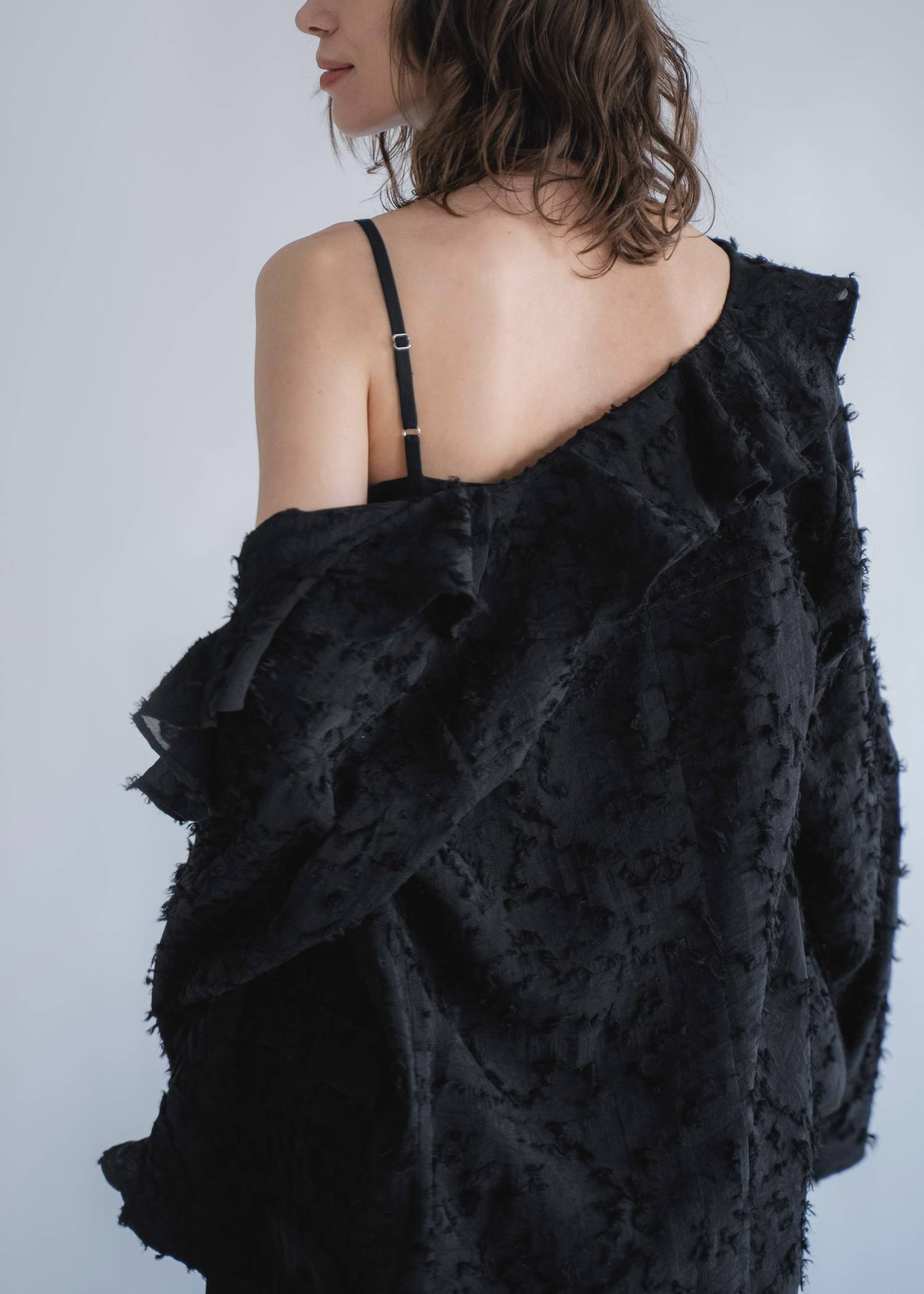 jacquard sheer ruffle frill shirt JK