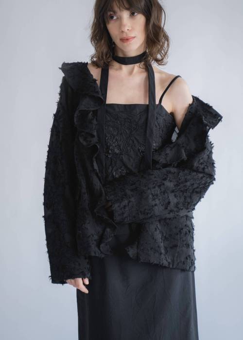 jacquard sheer ruffle frill shirt JK