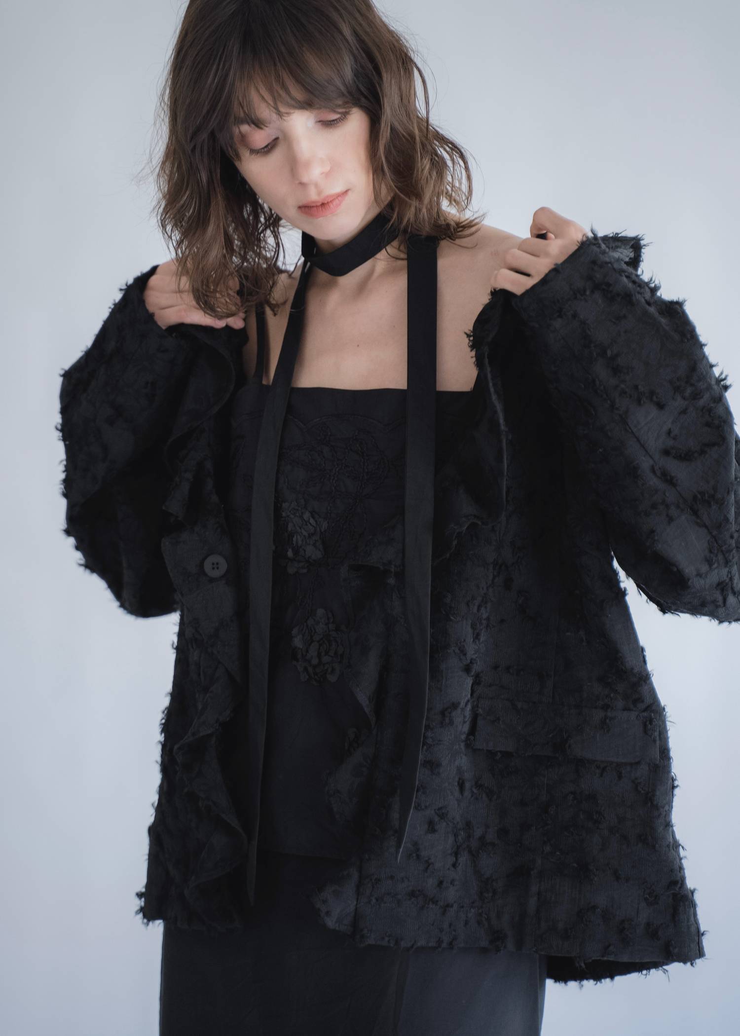 jacquard sheer ruffle frill shirt JK