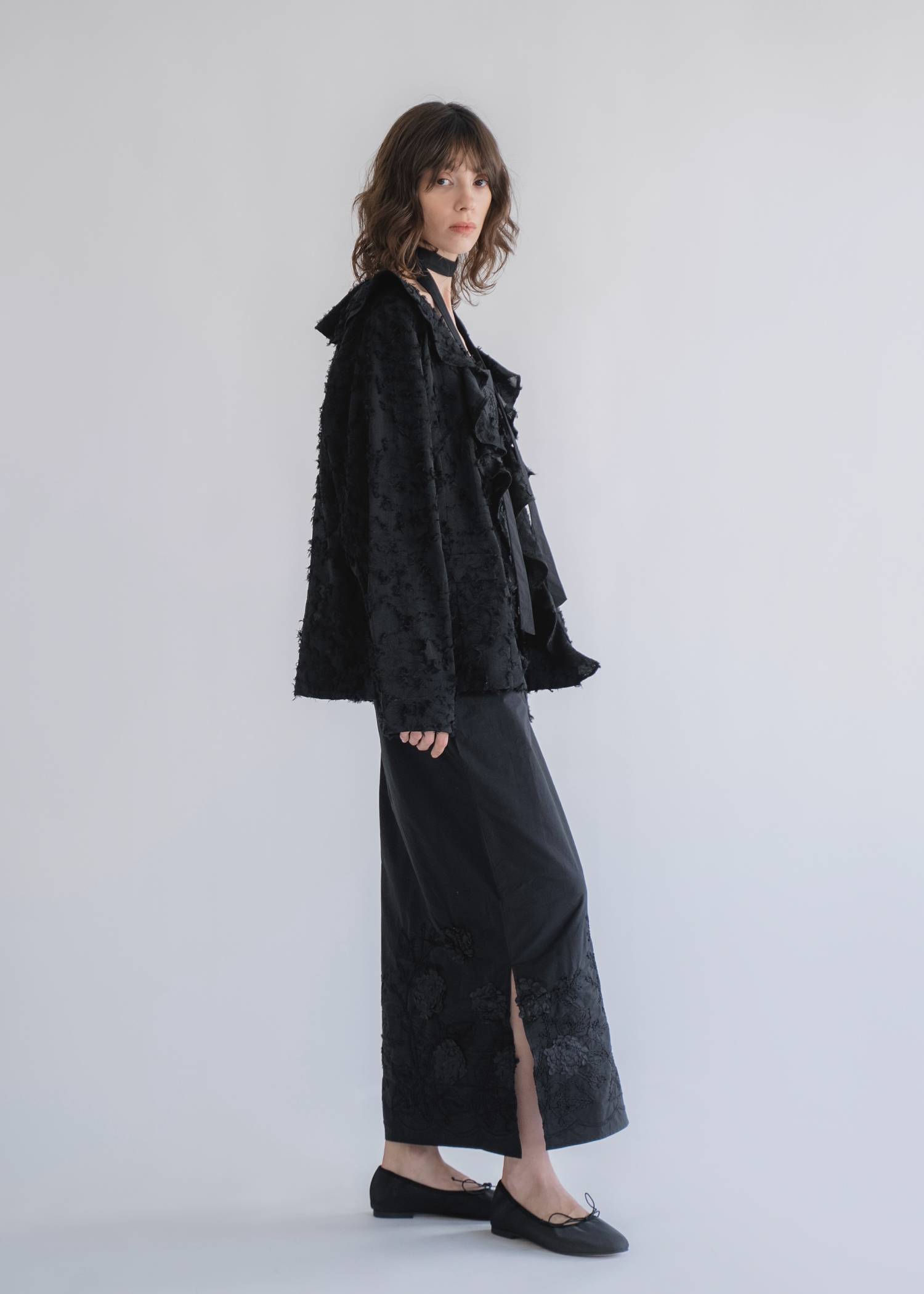 jacquard sheer ruffle frill shirt JK