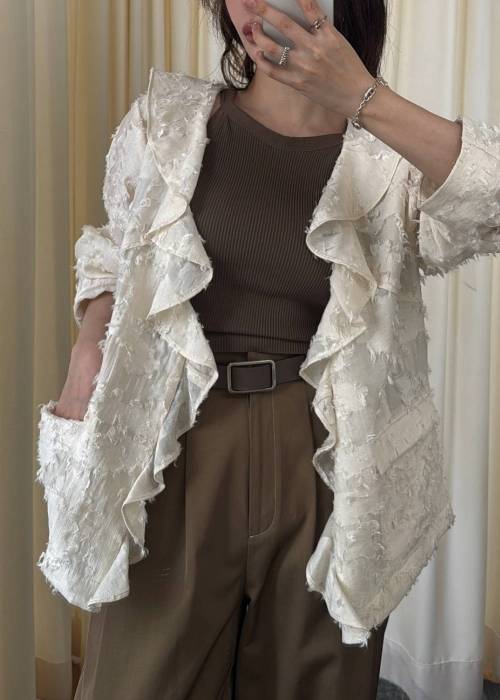 jacquard sheer ruffle frill shirt JK