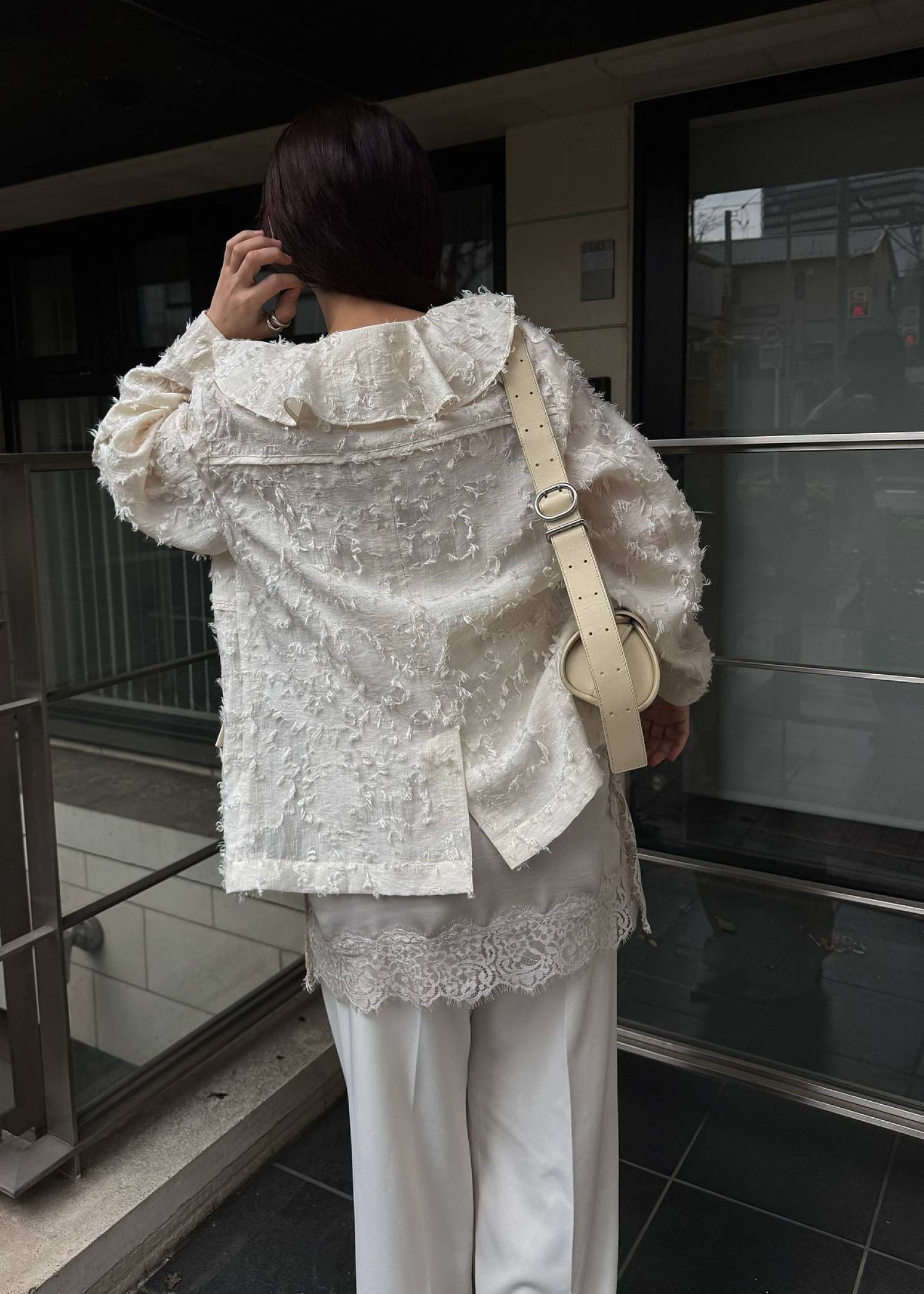 jacquard sheer ruffle frill shirt JK