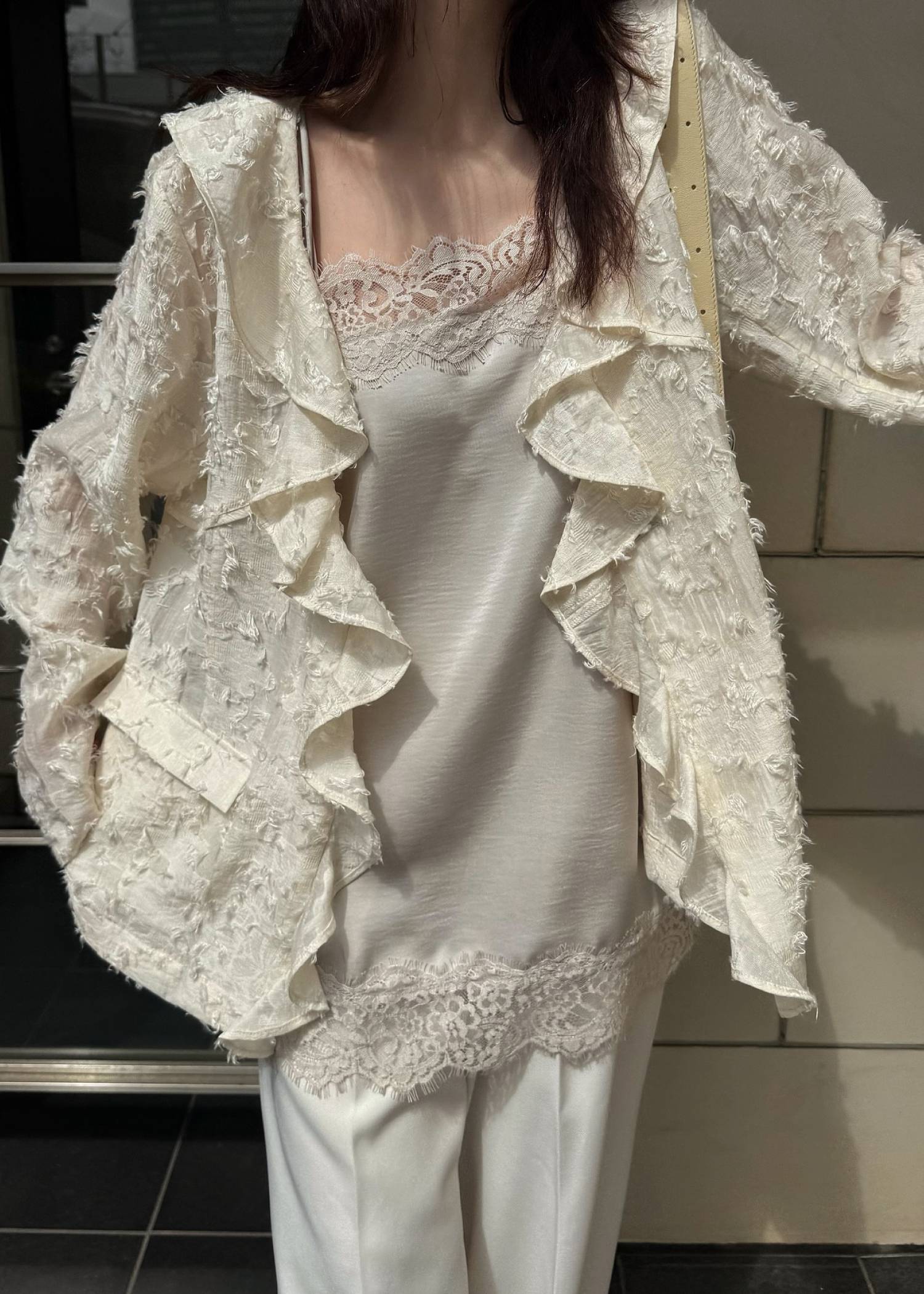 jacquard sheer ruffle frill shirt JK