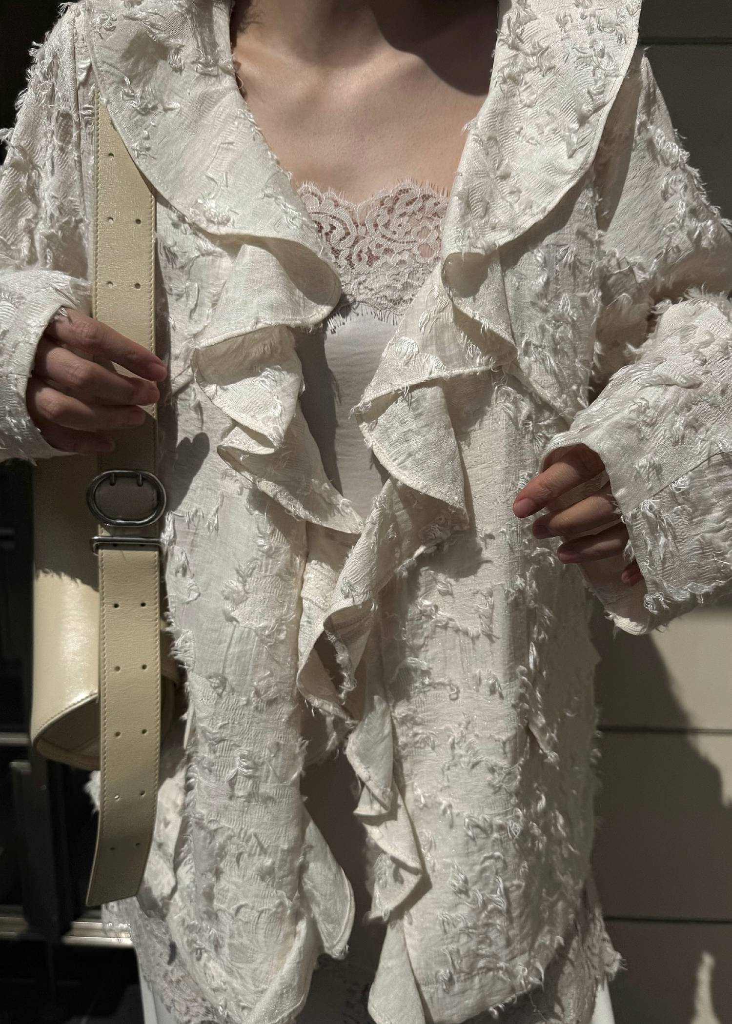 jacquard sheer ruffle frill shirt JK