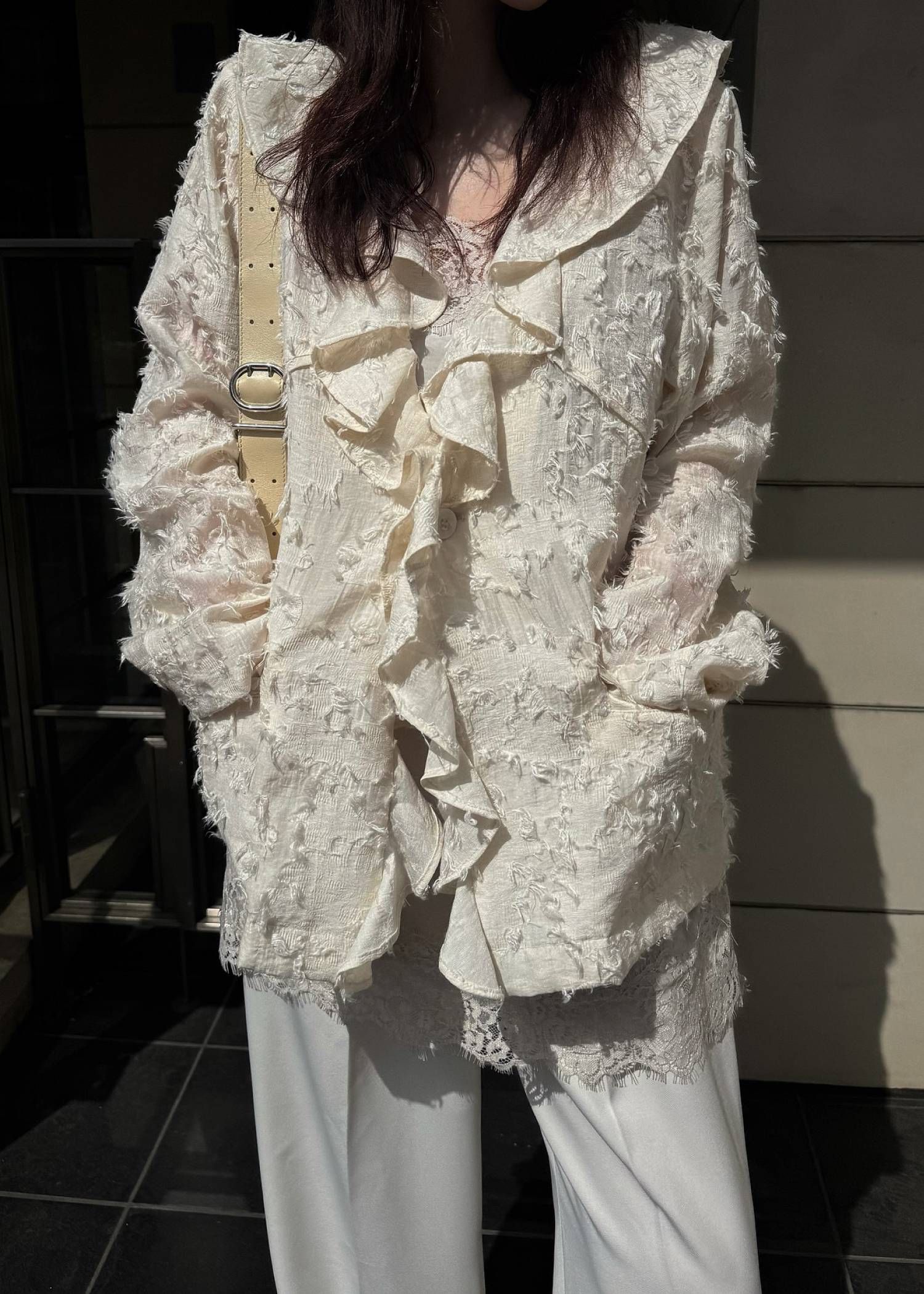 jacquard sheer ruffle frill shirt JK