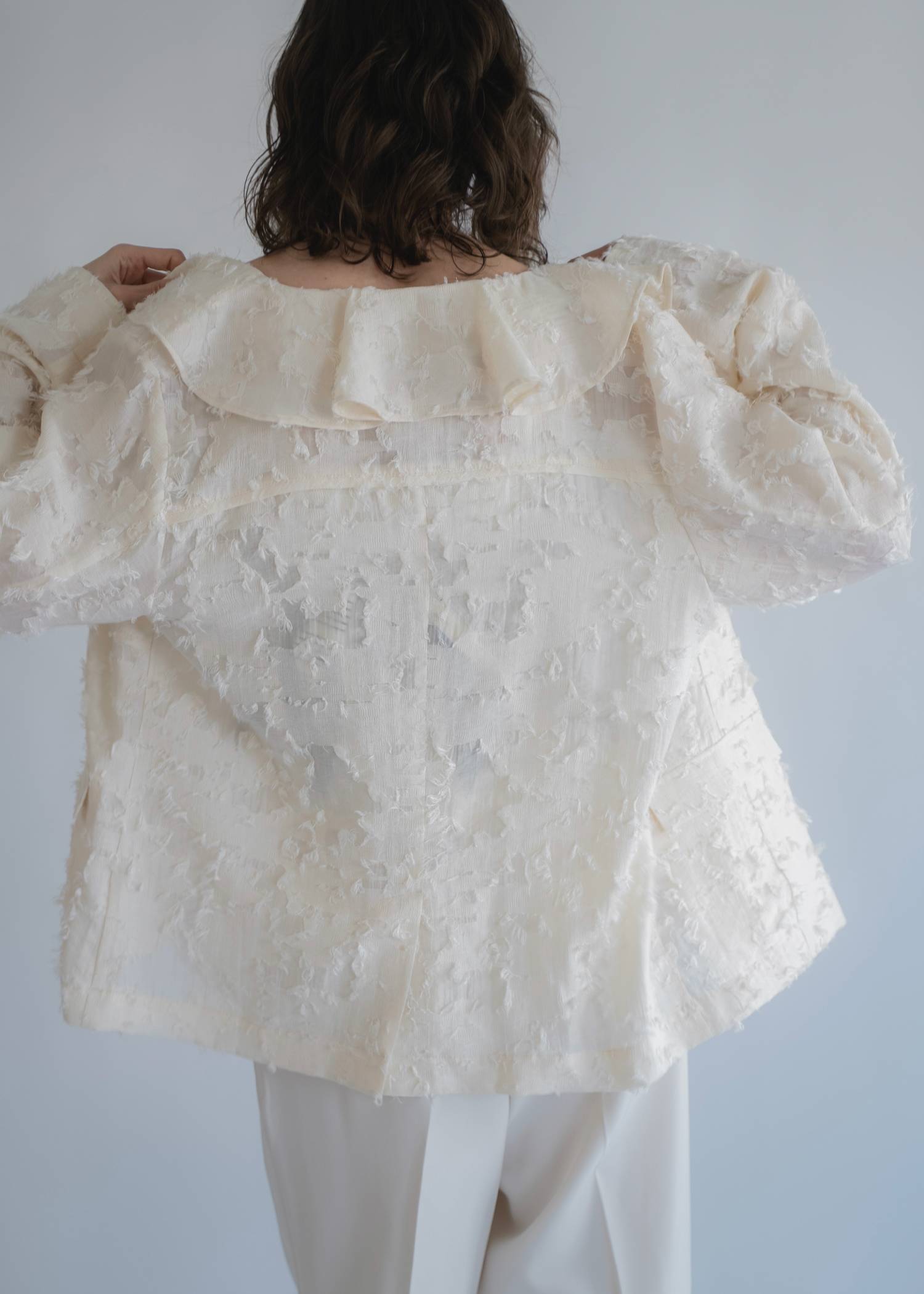 jacquard sheer ruffle frill shirt JK