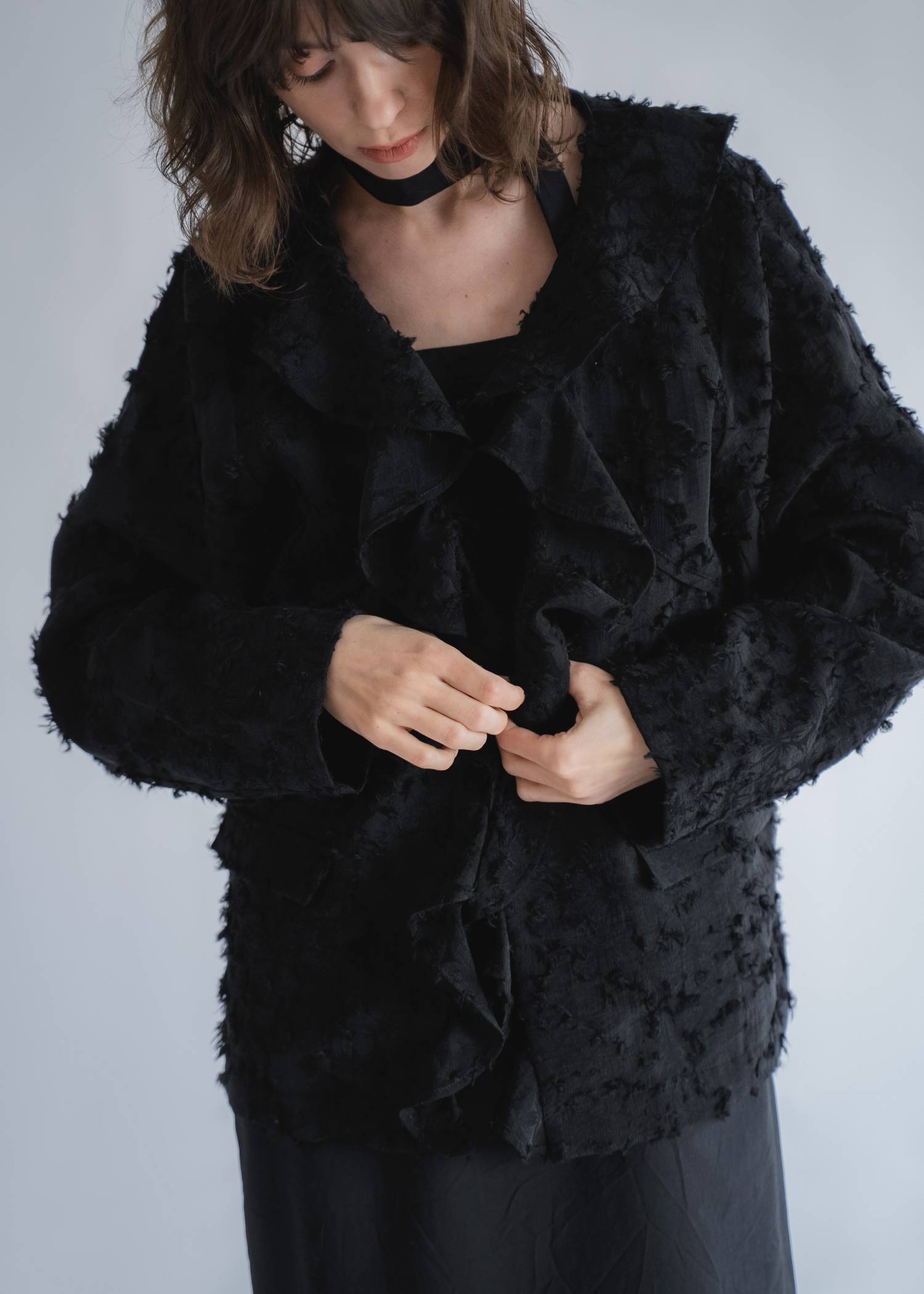 jacquard sheer ruffle frill shirt JK