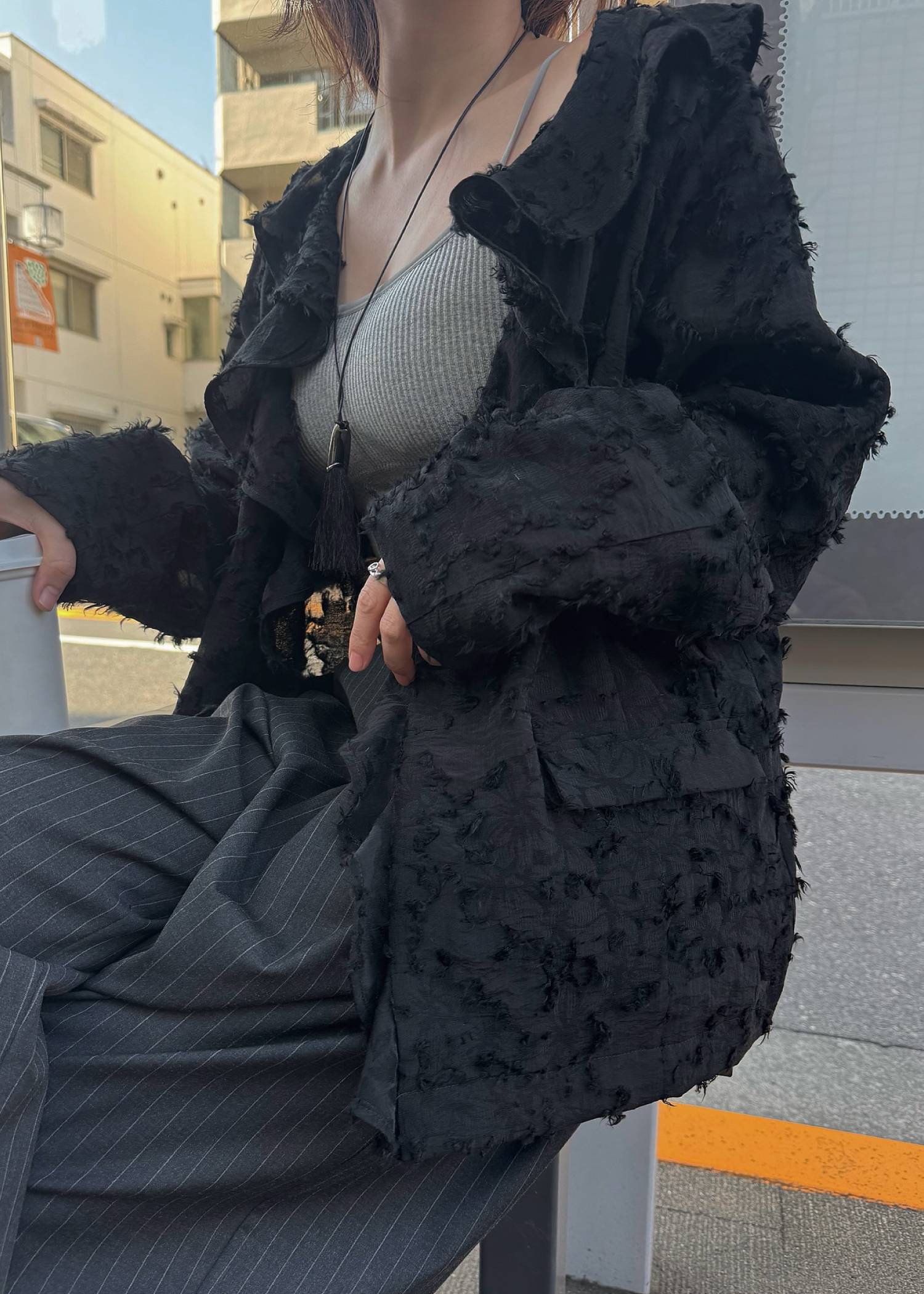 jacquard sheer ruffle frill shirt JK