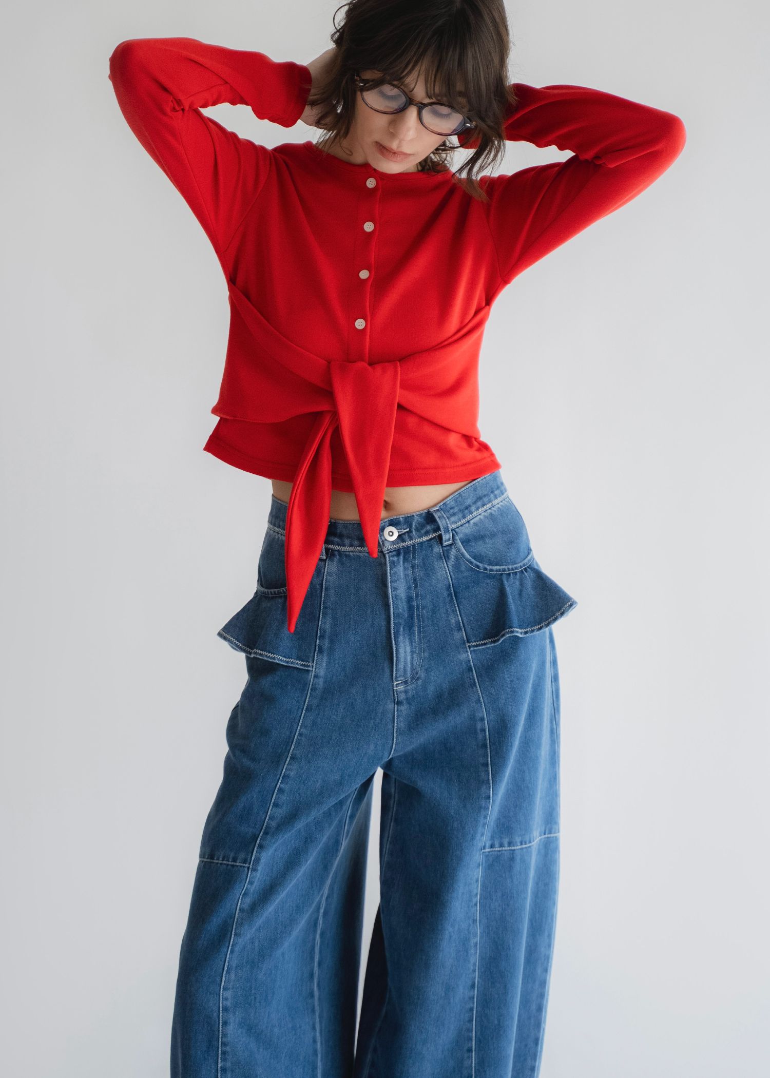 frill pocket center seam bi color stitch denim