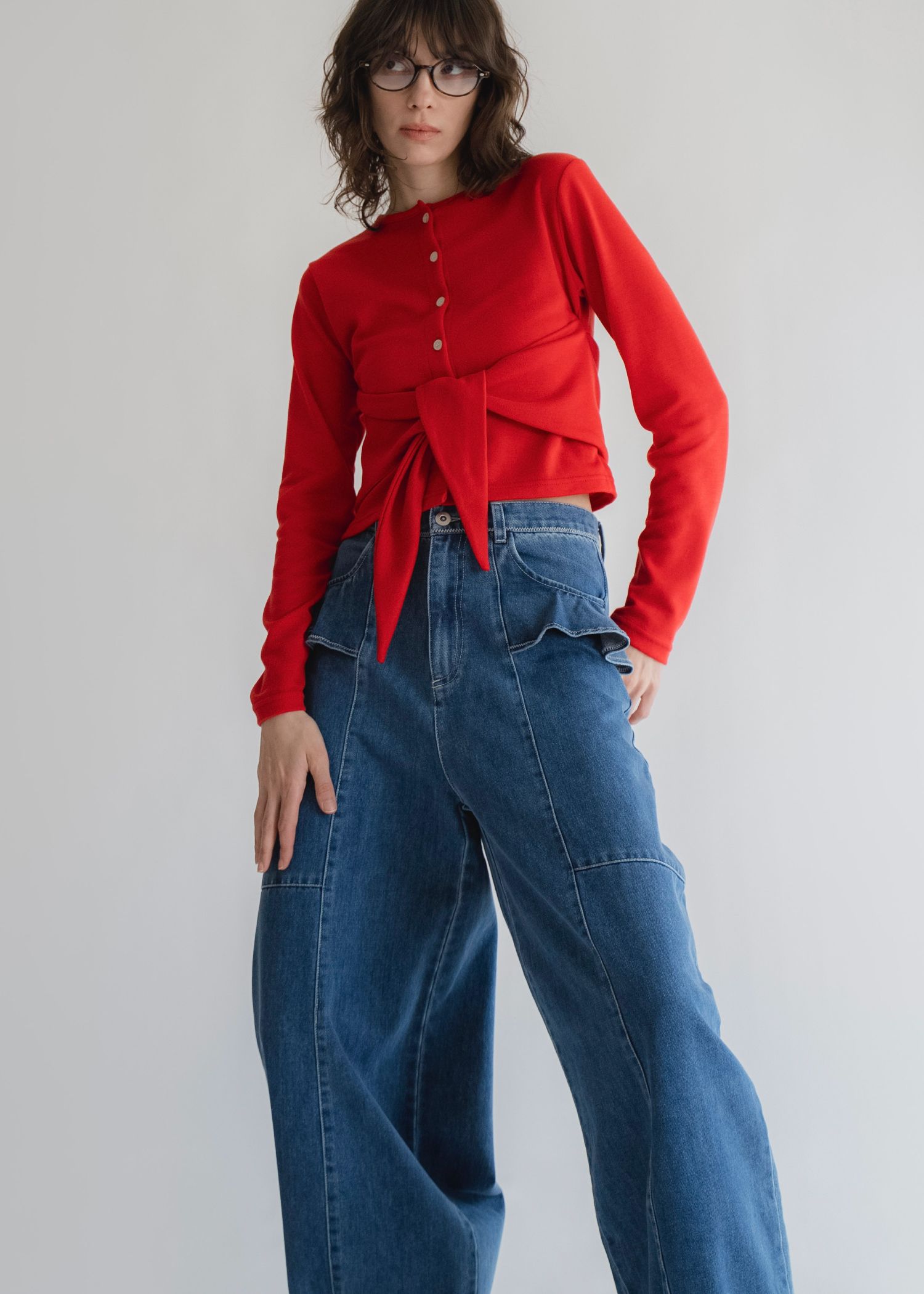 frill pocket center seam bi color stitch denim