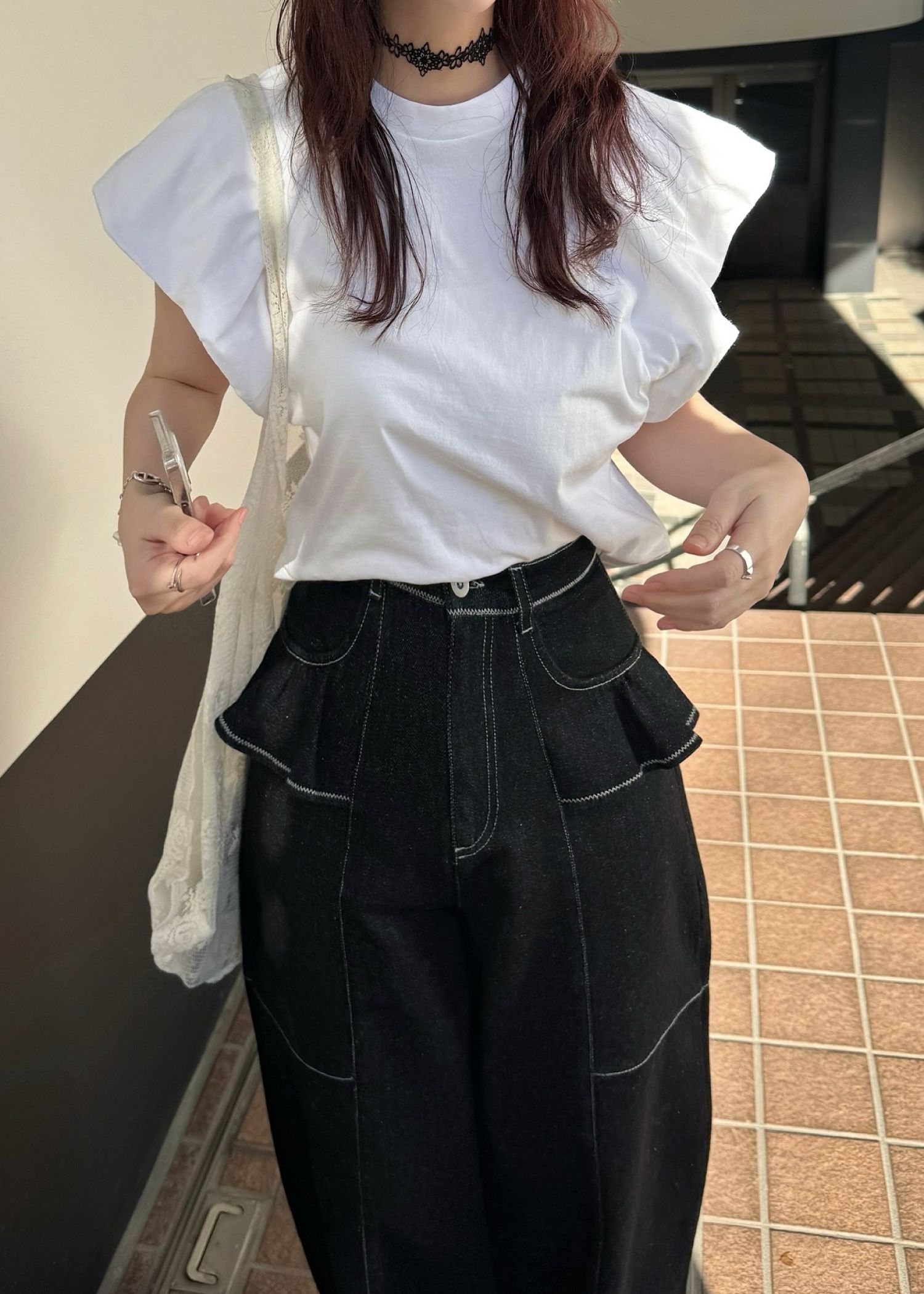 frill pocket center seam bi color stitch denim