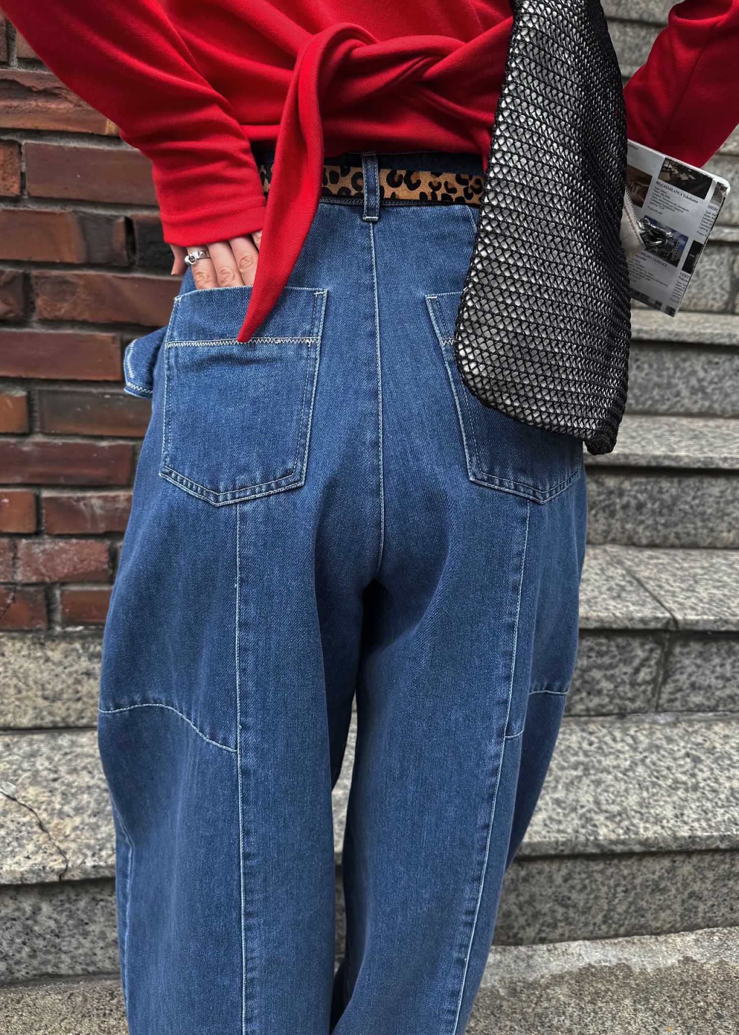 frill pocket center seam bi color stitch denim