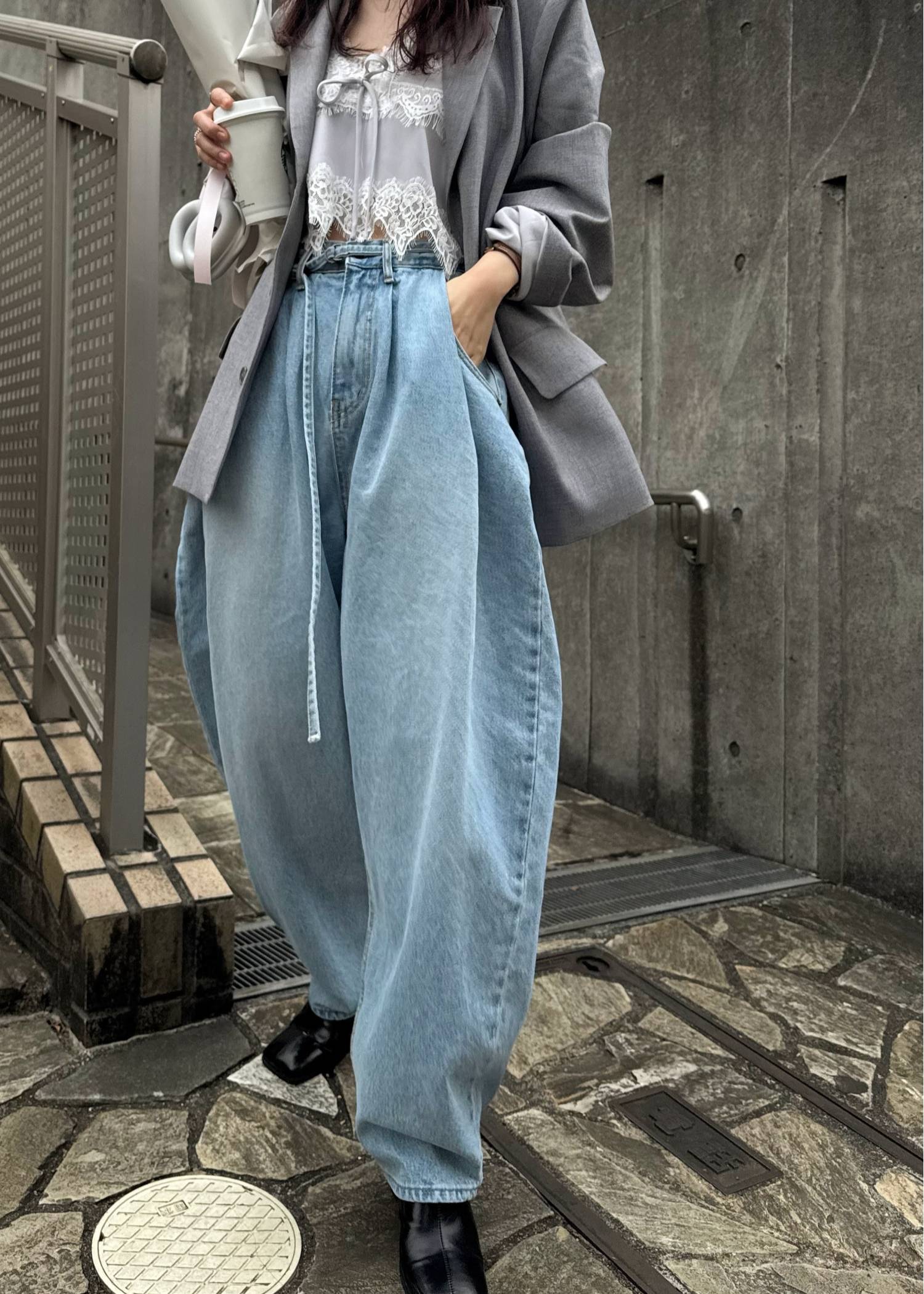narrow ribbon tuck wide denim PT